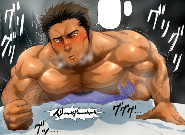 bara bed blush body_hair deepthroat facial_hair fellatio funa_(artist) male male_focus male_only muscle nude pecs pubic_hair solo_focus sweat thrusting yaoi