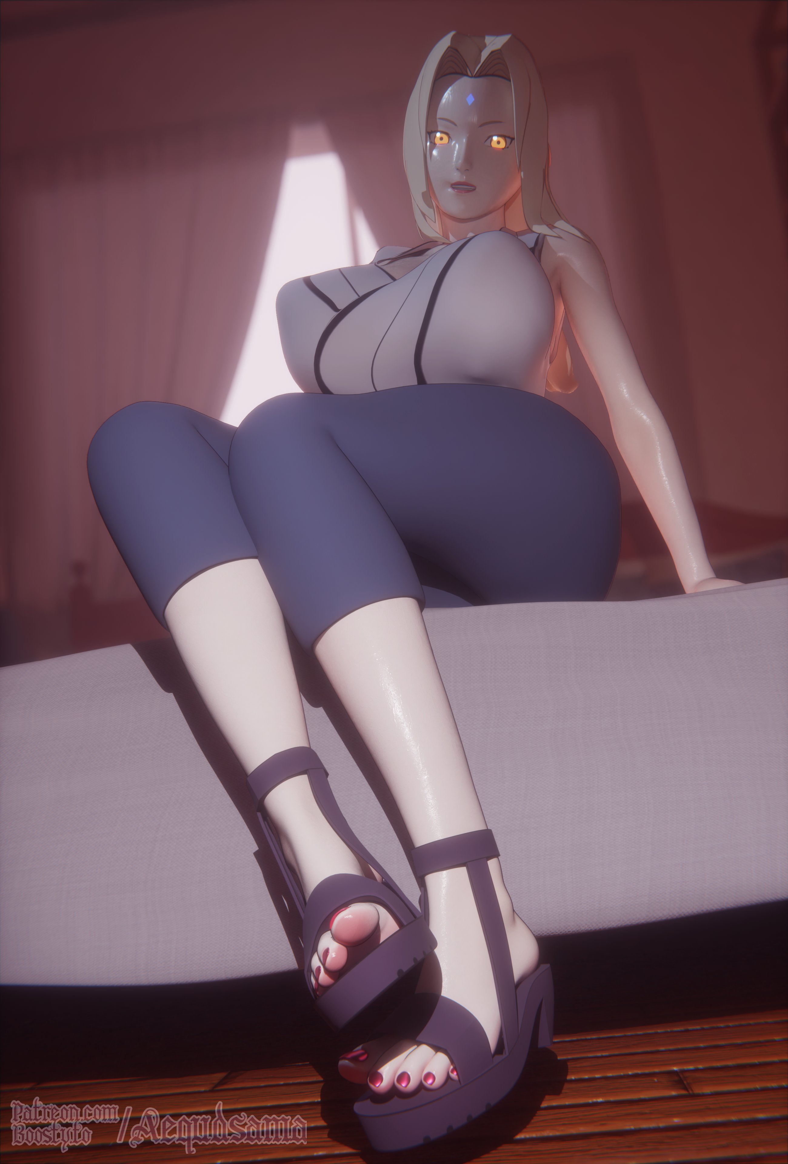 1girls, 2025, 3d, 3d (artwork), aequd, aequdsama, blonde female, blonde hair, breasts, cameltoe, clothed, clothed female, feet, female, female only, kimono, kneeling, large breasts, legs, light skin, long hair, long-haired female, magenta nails, naruto, naruto (series), nipple bulge, perky breasts, pinup, pussy, sandals, sitting on bed, tsunade, yellow eyes