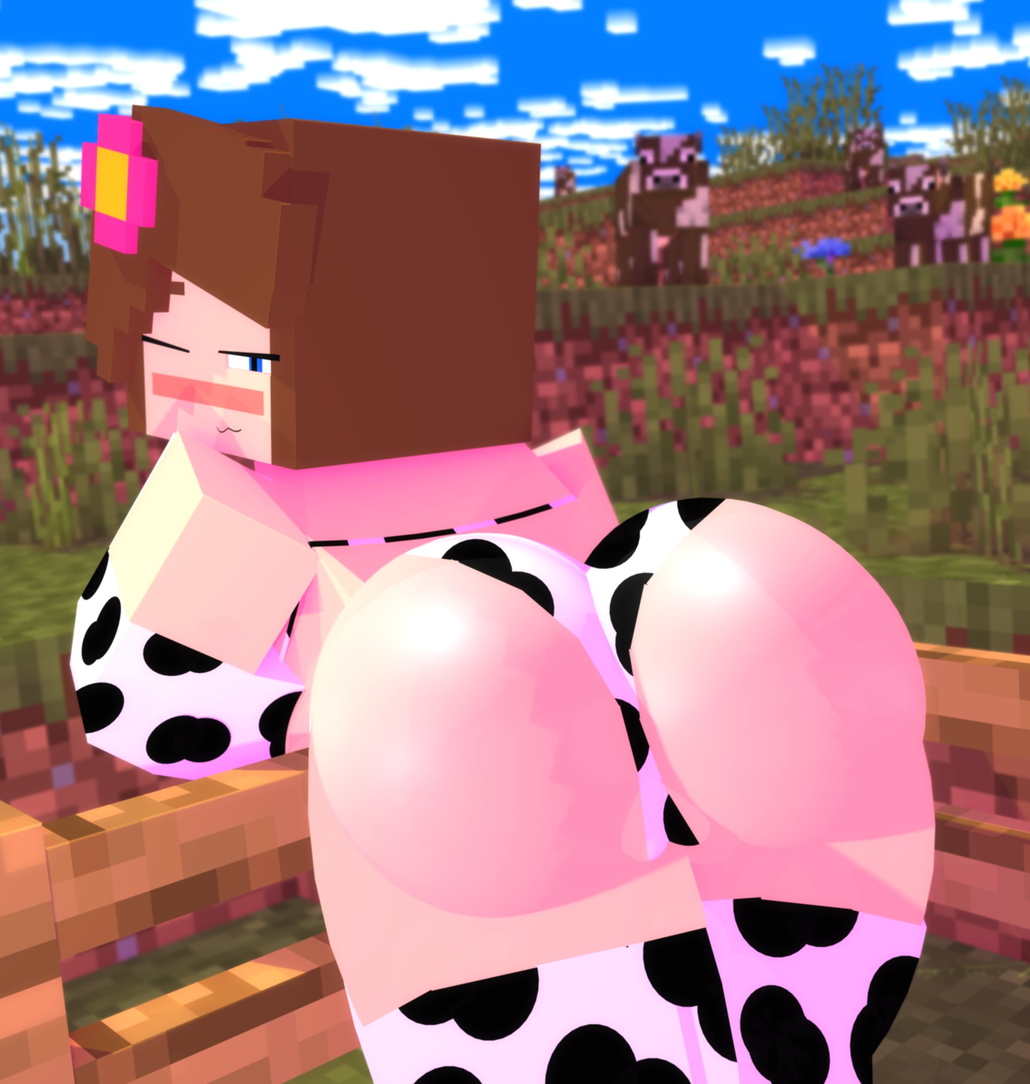 1girls, 3d, ass, ass focus, big ass, big breasts, big butt, blue eyes, blush, breasts, brown hair, bubble ass, bubble butt, cow print, cow print bikini, curvy, female, female focus, flower in hair, horny, huge ass, huge breasts, inviting to sex, jenny belle (slipperyt), mine-imator, minecraft, pose, solo, thick thighs, veridut