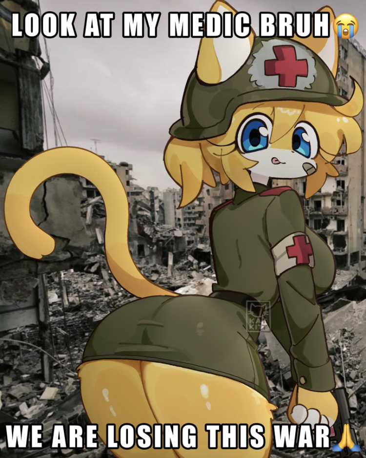 :p, anthro, army girl, army helmet, ass, bandaid on face, big ass, big breasts, blue eyes, breasts, destroyed city, female, holding object, holding weapon, kat kitt, katie (kat kitt), katie (medikitten), medikitten, meme, military, military clothing, military uniform, nurse, paws, real background, red cross, short hair, showing ass, showing off, tail, thick thighs, watermark, white inner ear, yellow fur