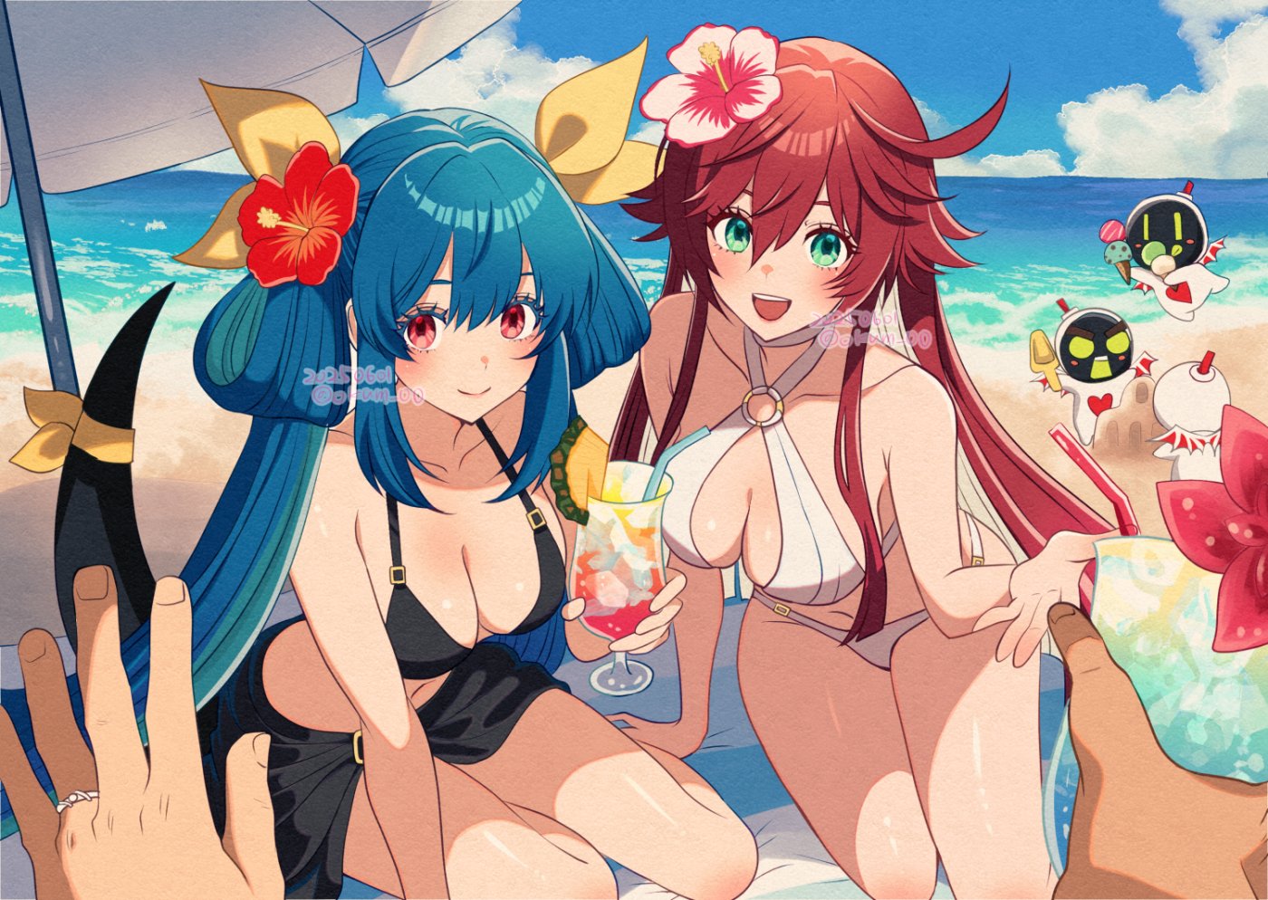 2boys, 2girls, arm support, bare shoulders, beach, bikini, black bikini, blue hair, blue sky, blush, breasts, cleavage, cloud, collarbone, cup, dizzy (guilty gear), drink, drinking straw, female, food, green eyes, guilty gear, guilty gear strive, hair between eyes, hair rings, holding, holding cup, ice cream, jack-o' valentine, jewelry, ky kiske, large breasts, long hair, male, milf, mother and daughter, multiple females, multiple girls, navel, o-ring, o-ring bikini, o-ring top, ocean, open mouth, pov, pov hands, red eyes, red hair, ribbon, ring, sand castle, sand sculpture, sidelocks, sky, smile, sol badguy, swimsuit, tagme, tail, tail ornament, tail ribbon, twitter username, umbrella, ume (okum 00), white bikini