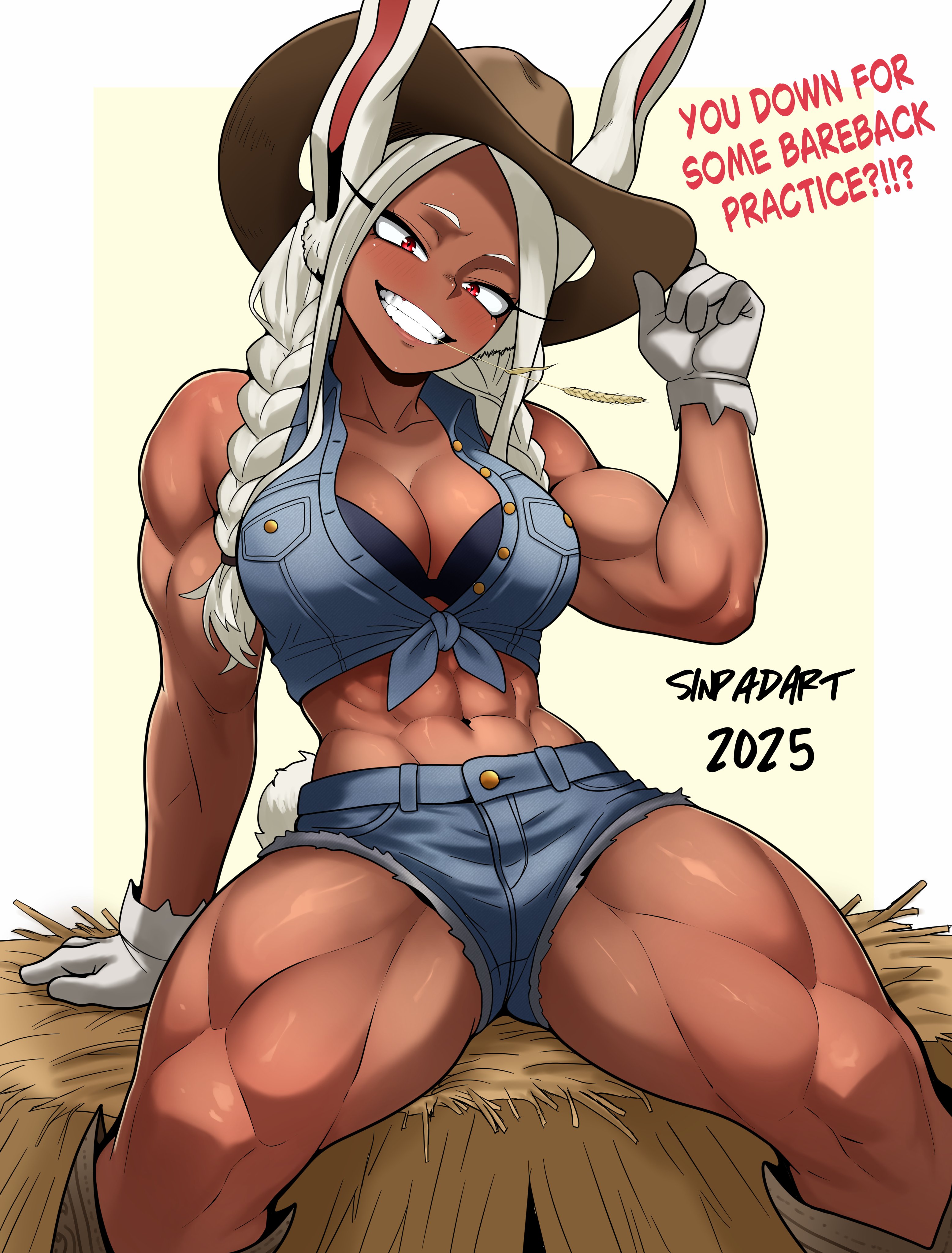 1girls, abs, absurdres, animal ears, artist name, athletic, athletic female, biceps, big breasts, boku no hero academia, braided pigtails, breasts, bunny ears, bunny girl, cleavage, cowboy boots, cowboy hat, cowgirl, cowgirl (western), cowgirl hat, cowgirl outfit, curvaceous, curvaceous female, dark skin, dark-skinned female, denim shorts, english text, female, female abs, female only, gloves, grin, hay, hay bale, highres, long hair, long white hair, mirko, miruko, mouth hold, muscular, muscular female, muscular thighs, my hero academia, pigtails, rabbit ears, rabbit girl, rabbit tail, red eyes, rumi usagiyama, sinpadart, sitting, sitting on hay bale, smile, solo, solo female, spread legs, stalk in mouth, straw in mouth, teeth, thick legs, thick thighs, thighs, tied shirt, tomboy, toned, toned female, twin braids, twintails, usagiyama rumi, white gloves, white hair, white-haired female