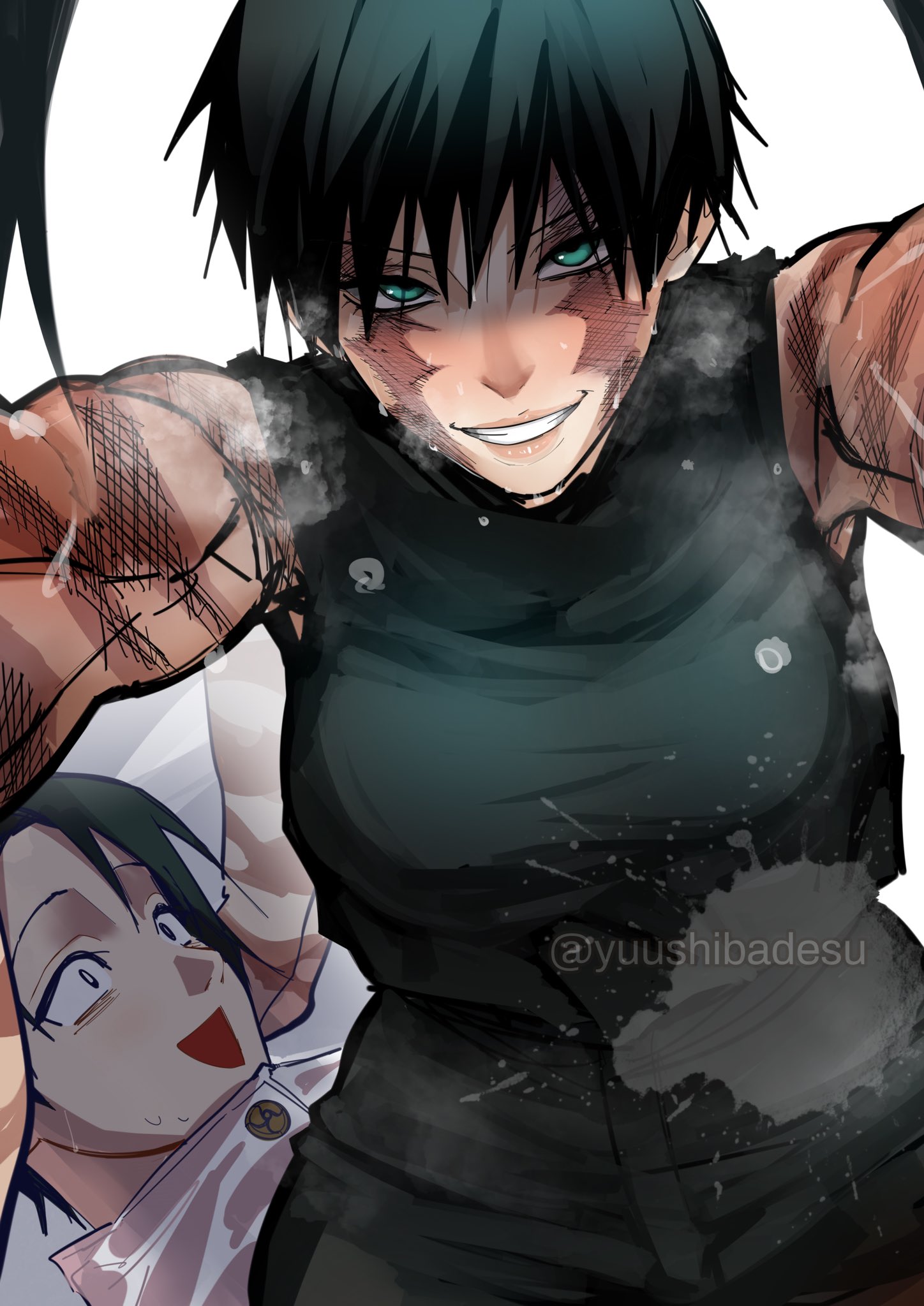 1boy, 1girls, dark hair, female, femdom, green hair, green-haired female, jujutsu kaisen, male, muscular, muscular female, scars, tomboy, yuta okkotsu, zenin maki