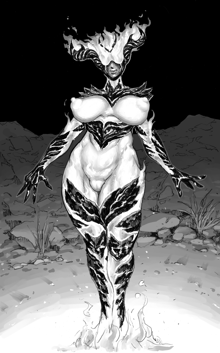 2025, abs, bethesda game studios, big breasts, breasts, double deck, elemental creature, elemental humanoid, erect nipples, female, female only, flame atronach, hi res, horn, huge breasts, humanoid, microsoft, monochrome, muscular, muscular female, navel, nipples, skyrim, sweat, the elder scrolls, weapon