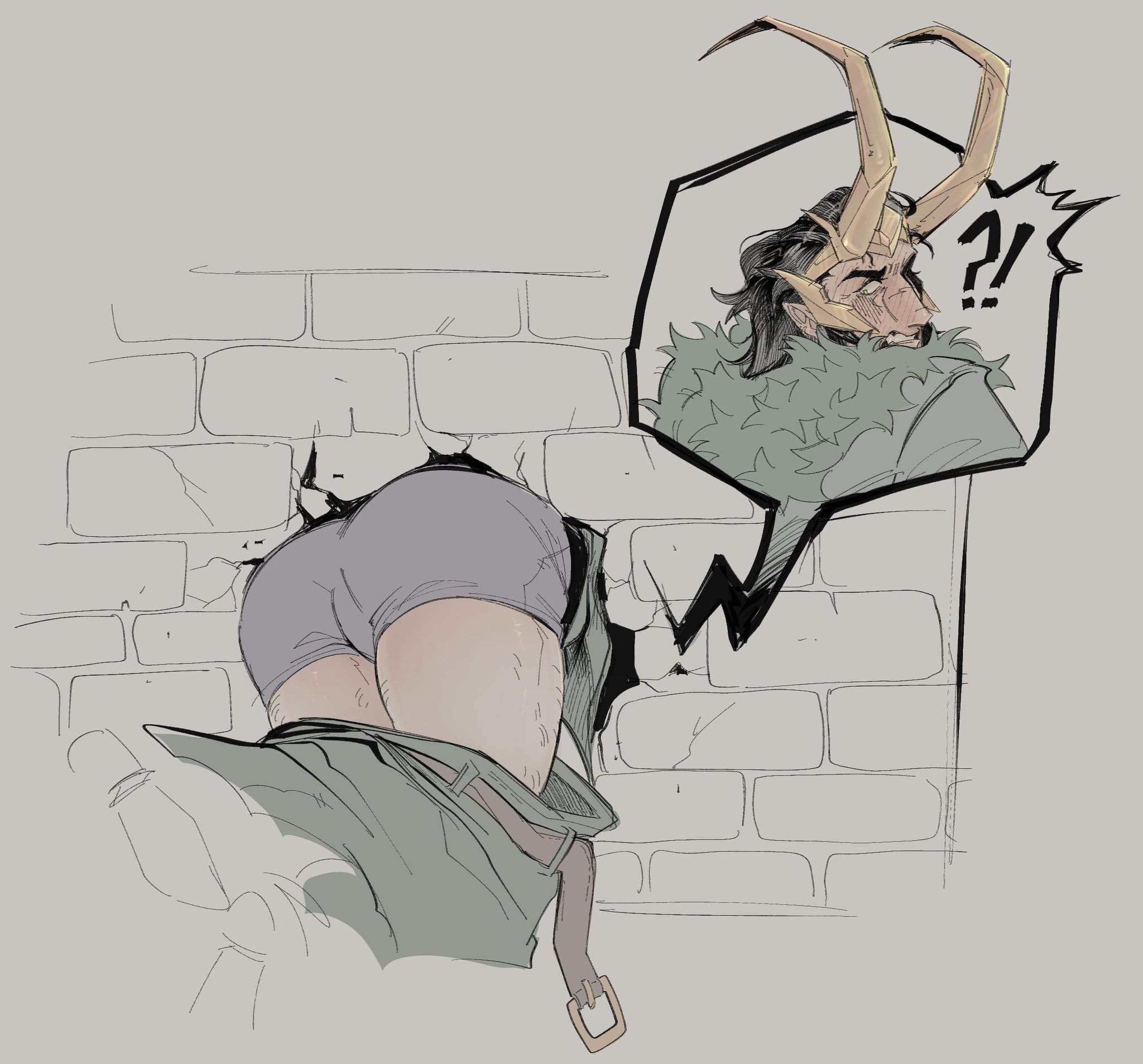 1boy, ass, beefbrickk, brick wall, exclamation point, gritted teeth, loki (marvel), looking back, male, male only, marvel, marvel comics, pants down, question mark, shocked, stuck in wall, through wall, underwear, unfinished