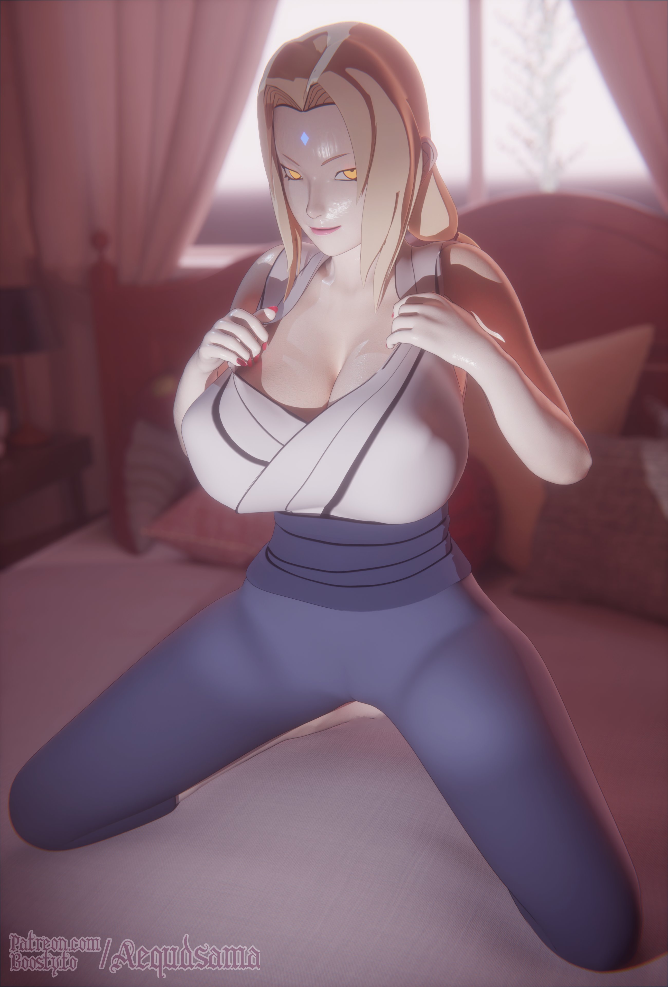 1girls, 2025, 3d, 3d (artwork), aequd, aequdsama, blonde female, blonde hair, breasts, cameltoe, clothed, clothed female, female, female only, kimono, kneeling, large breasts, legs, light skin, long hair, long-haired female, magenta nails, naruto, naruto (series), nipple bulge, perky breasts, pinup, pussy, sitting on bed, tsunade, yellow eyes