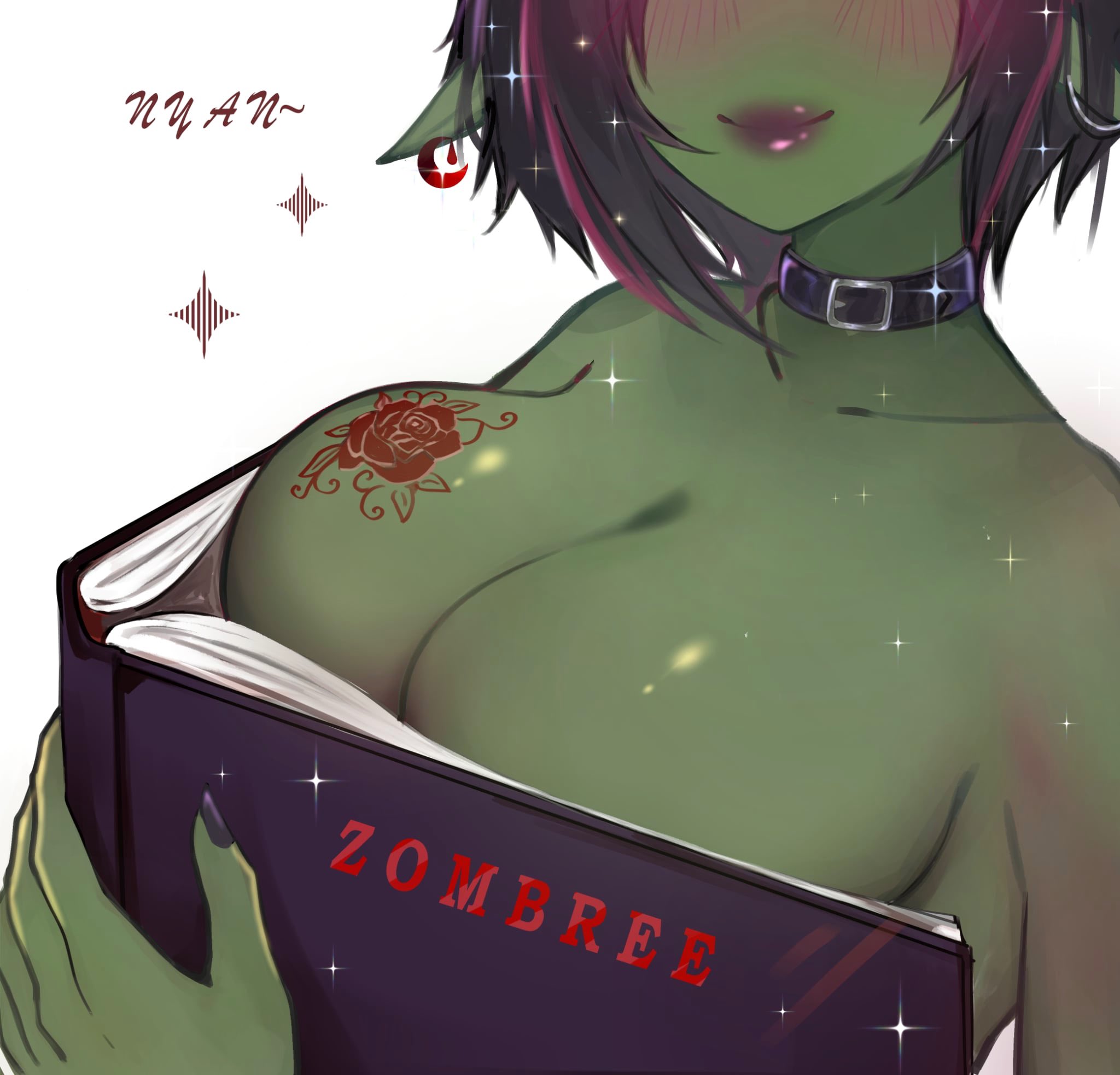 bloodscribe, book covering breasts, breasts, collar, earring, female, green skin, nyanmei, ouch meme, tattoo, zombree