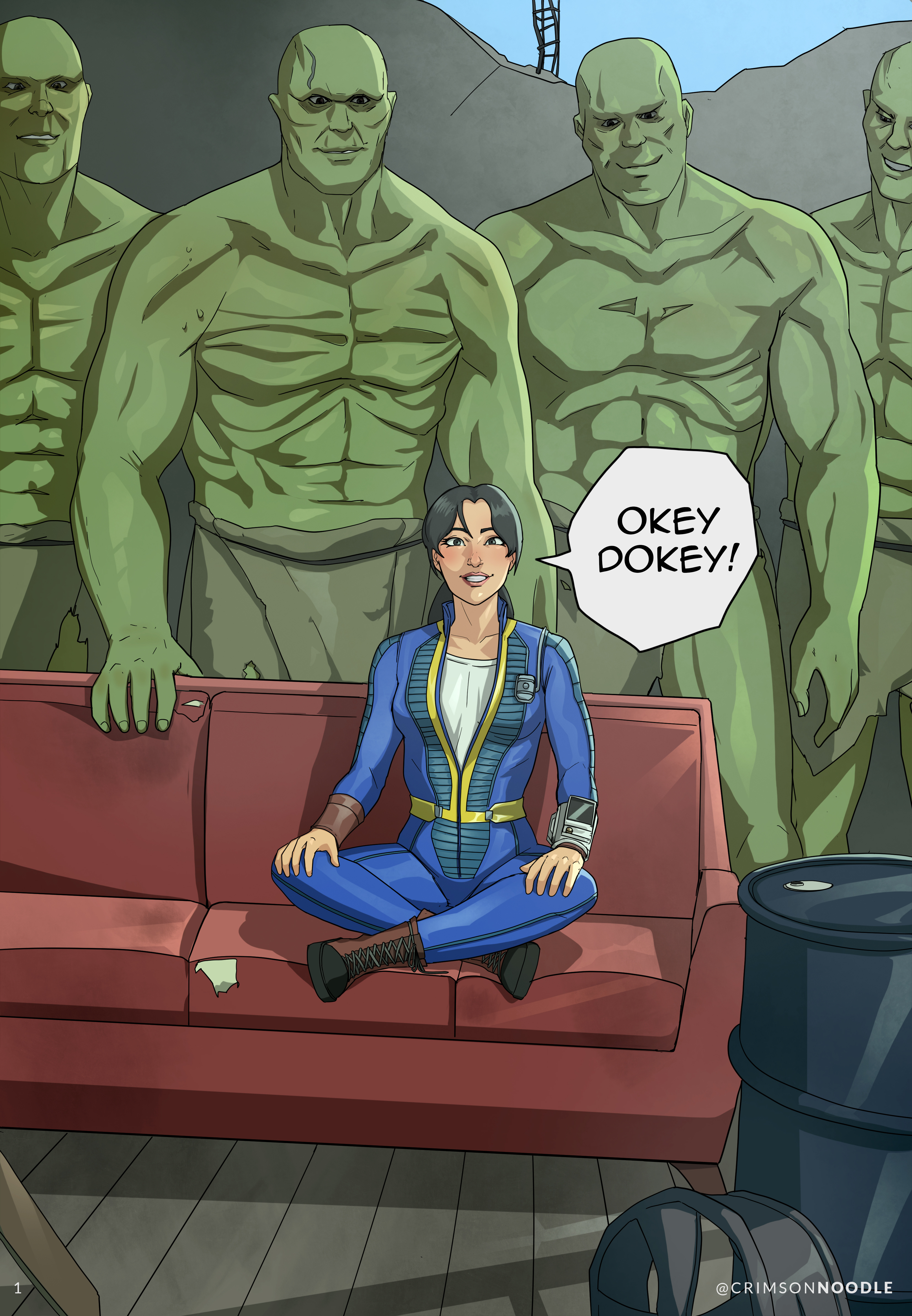 1girls, 2d, 5boys, breasts, couch, crimsonnoodle, dialogue, english text, eyebrowless, fallout, fallout (series), fallout (tv series), female, green skin, green-skinned male, human, human female, light skin, light-skinned female, lucy maclean, male, male/female, muscular, muscular male, no source, pip-boy, piper perri surrounded, straight, super mutant, surrounded, vault suit