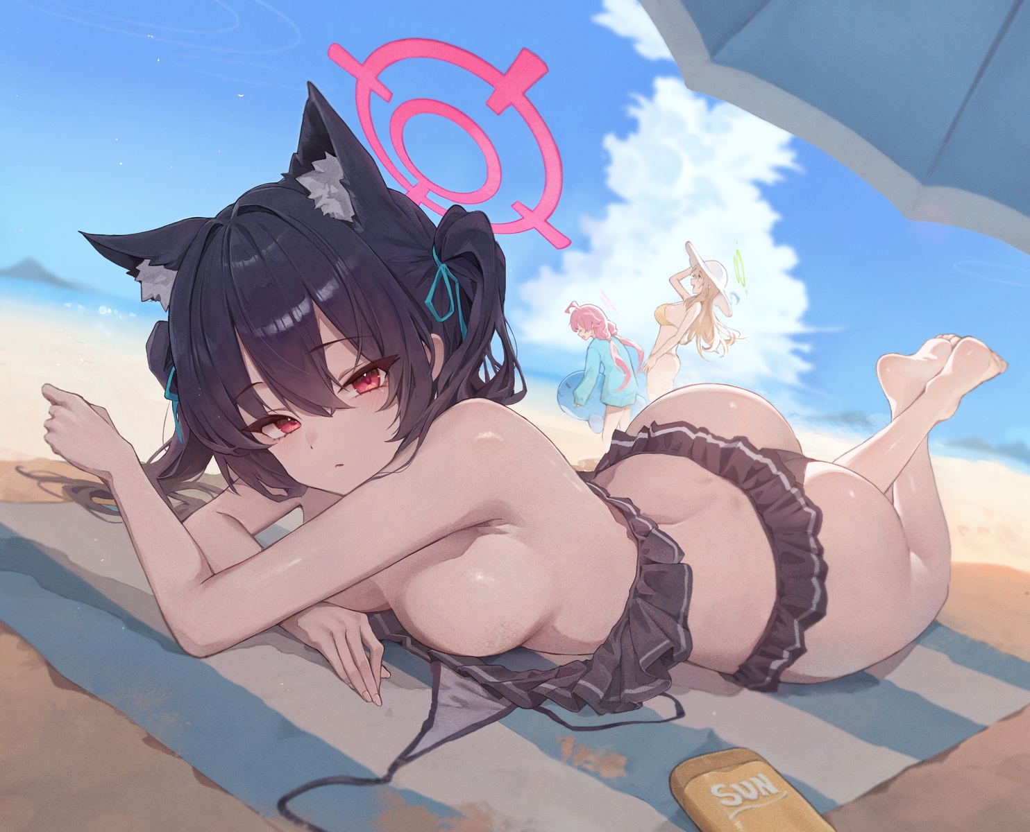 animal ears, ass, barefoot, beach, bikini, black hair, blue archive, blush, breasts, brown hair, cat girl, cloud, female, halo, hat, hoshino (blue archive), hoshino (swimsuit) (blue archive), long hair, nonomi (blue archive), nonomi (swimsuit) (blue archive), pink hair, red eyes, serika (blue archive), serika (swimsuit) (blue archive), shade, skirt, sky, swimsuit, topless, twintails, umbrella, water