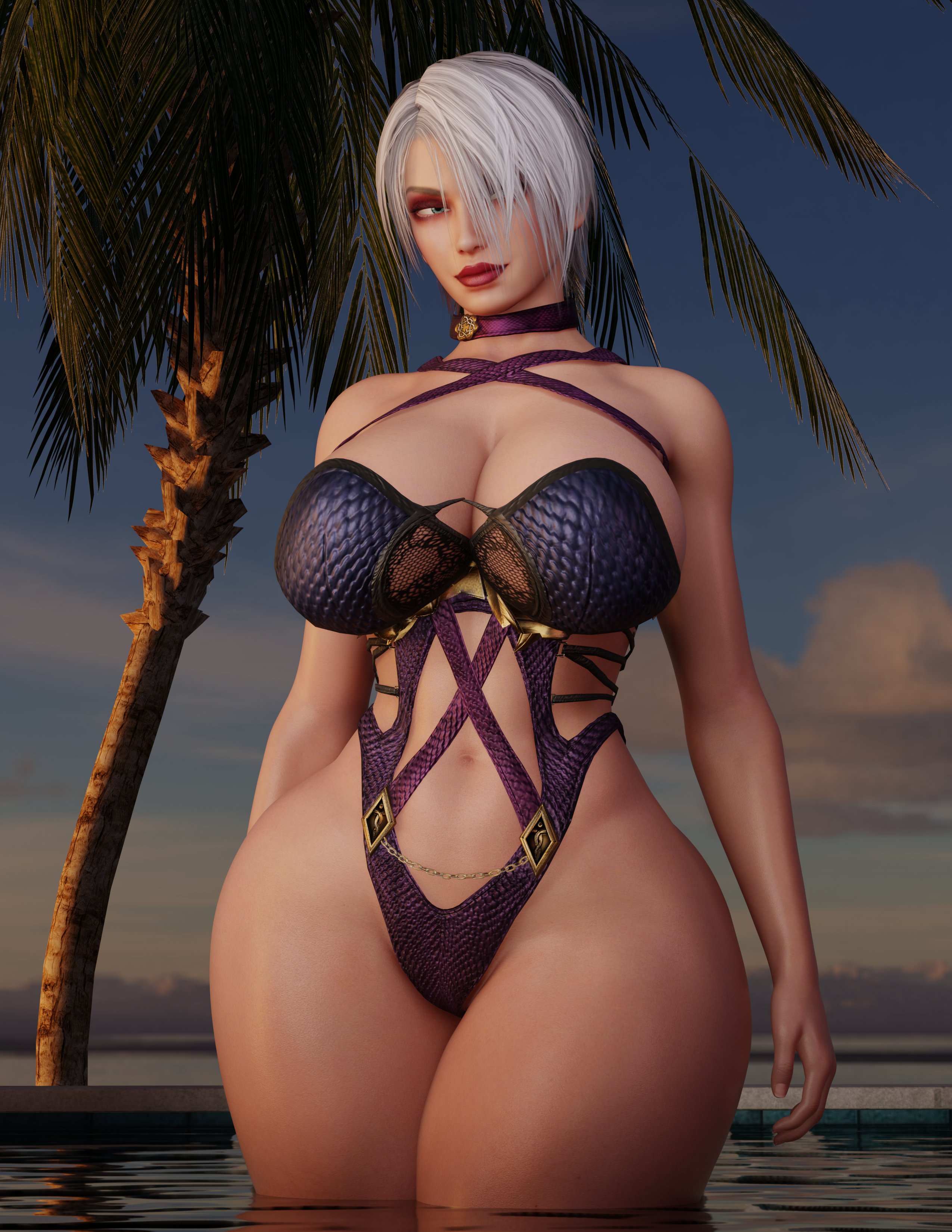 1girls, 3d, 3d model, ass, big ass, big breasts, big butt, breasts, busty, cpt-flapjack, female, female only, high heels, huge ass, huge breasts, huge butt, impossible clothes, isabella valentine, lieutenant flapjack, light skin, light-skinned female, lip, looking at viewer, looking back, make up, makeup, pale skin, pale-skinned female, phat ass, rear view, red lips, red lipstick, shiny breasts, shiny butt, shiny hair, shiny skin, short hair, sideboob, simple background, skimpy clothes, solo, solo female, soul calibur, thick thighs, tight clothes, tight clothing, white hair