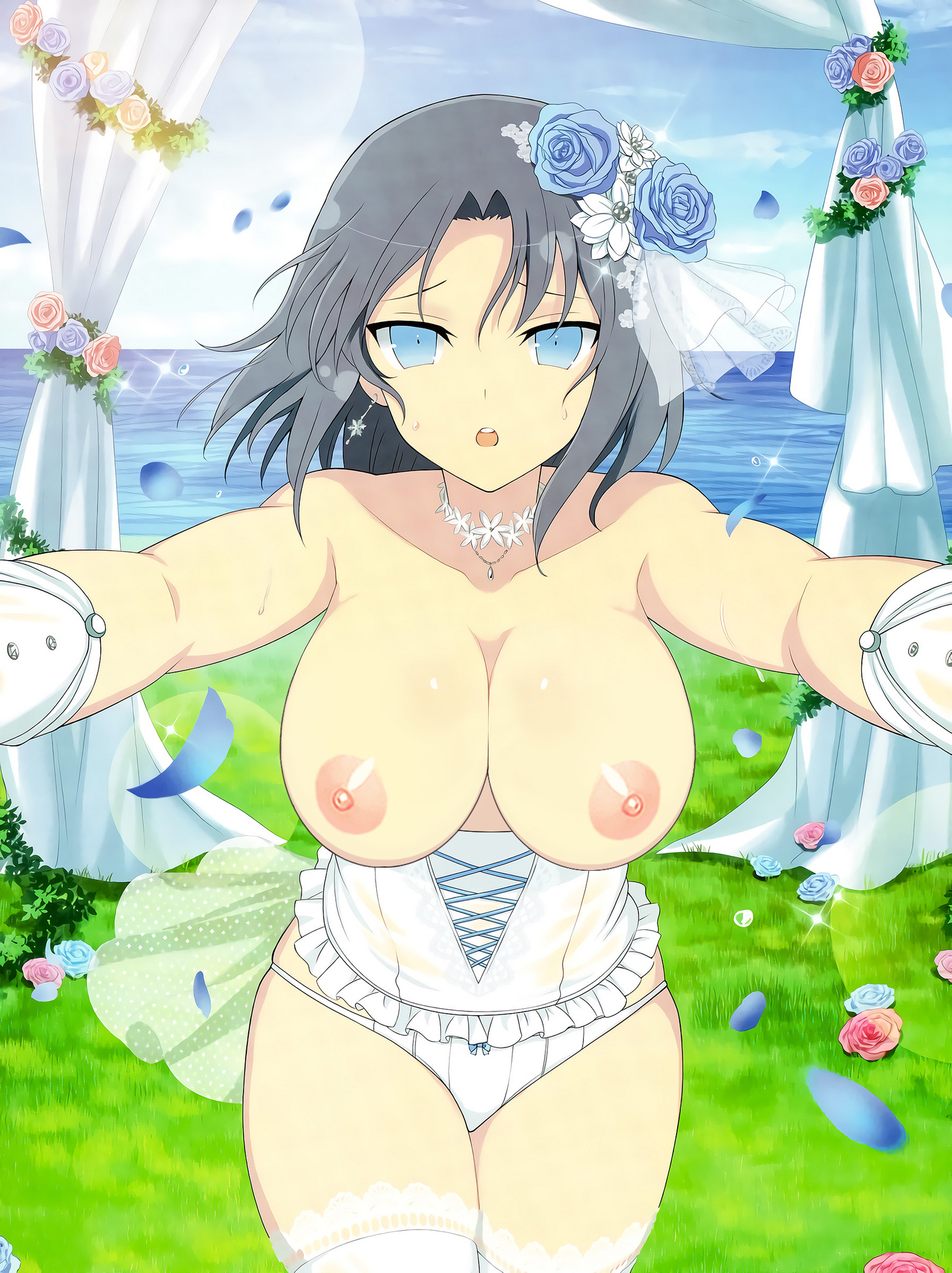 black hair, blue eyes, breasts, breasts out, bride, clothing, female, large breasts, open mouth, photoshop, senran kagura, short hair, yaegashi nan, yumi (senran kagura)