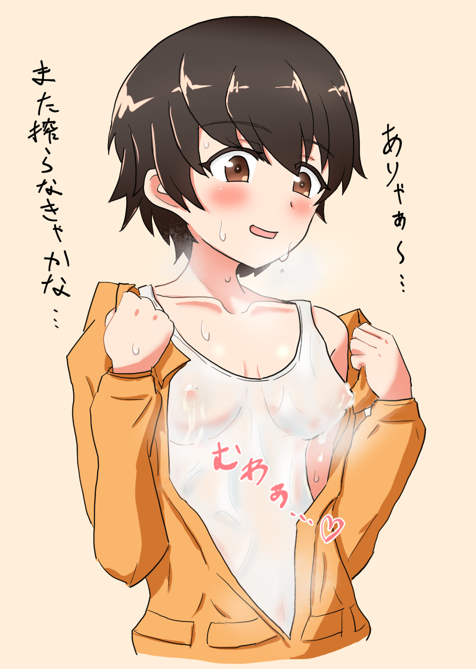 blush breasts brown_eyes brown_hair clothing female girls_und_panzer lactation lactation_through_clothes medium_breasts nakajima_(girls_und_panzer) nipples see-through solo sweat translation_request