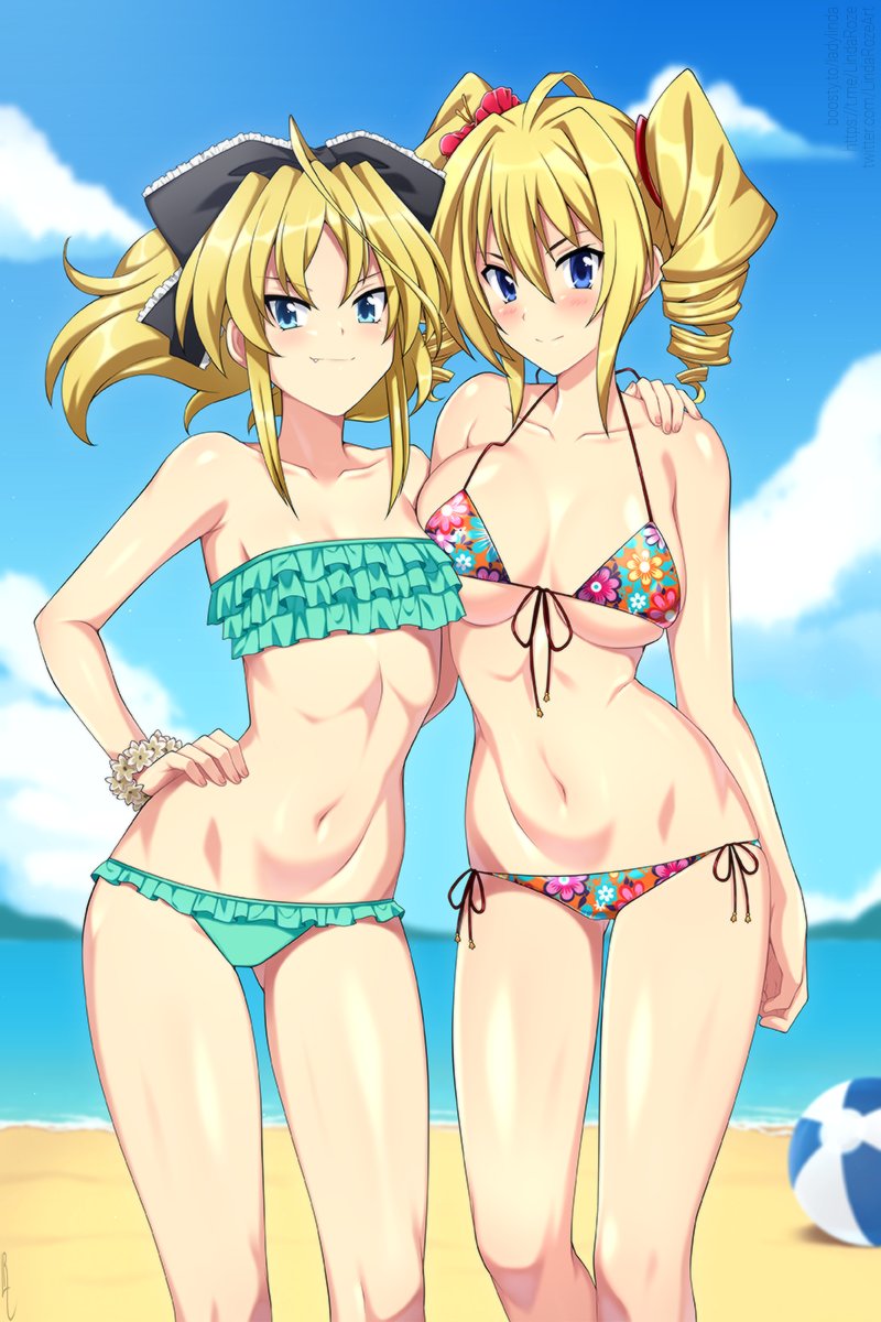 2girls, beach, bikini, blonde hair, blue eyes, centered hair bow, female, flower in hair, frilled bikini, high school dxd, lindaroze, mittelt, ravel phenex, tagme