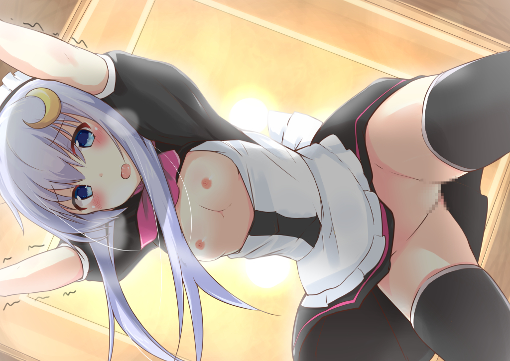 black_legwear black_skirt blue_eyes blush censored crescent crescent_hair_ornament female flat_chest hair_ornament kantai_collection long_hair mosaic_censoring nipples open_mouth pleated_skirt purple_hair short_hair_with_long_locks skirt solo sou_(soutennkouchi) thighhighs yayoi_(kantai_collection)