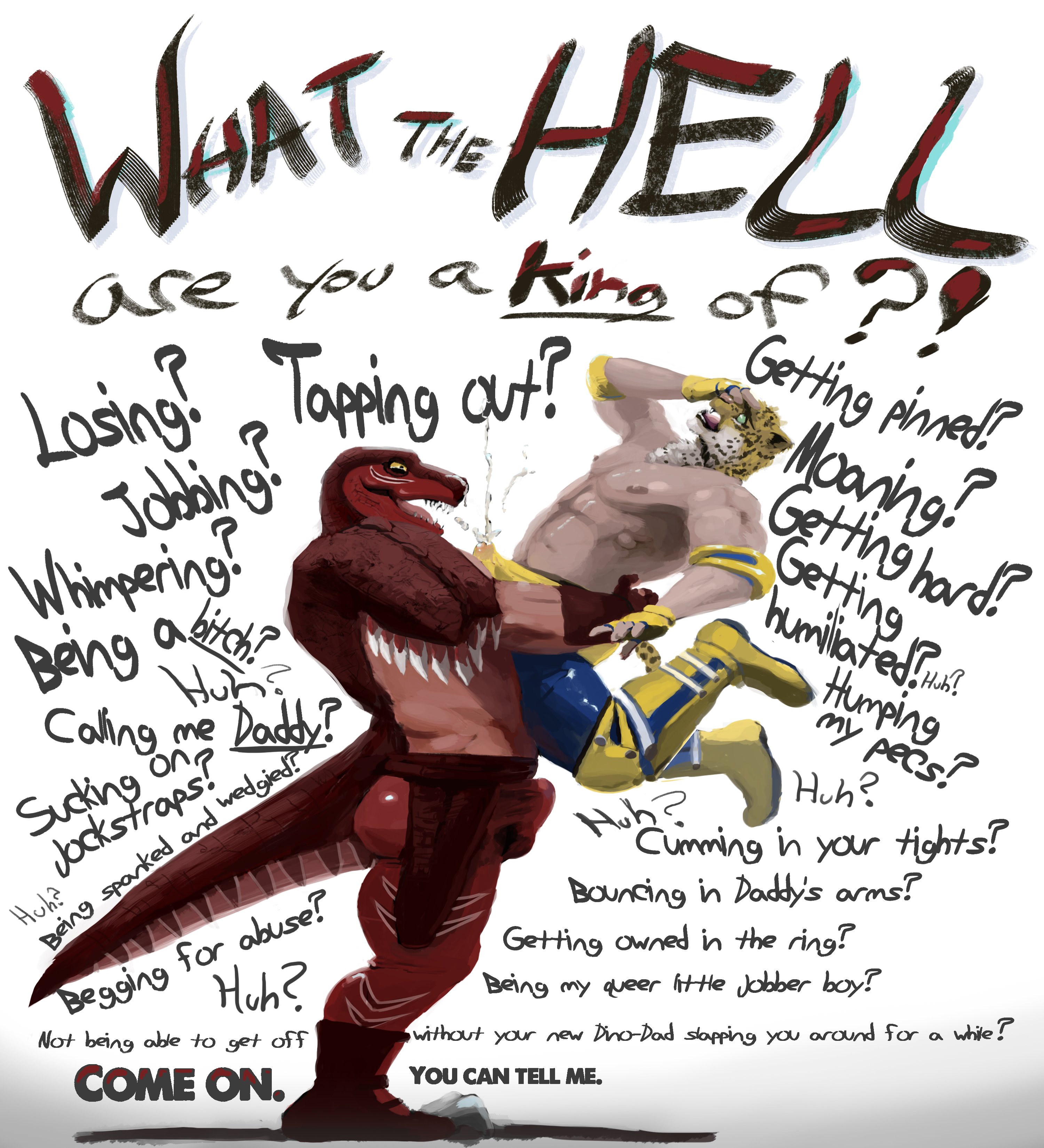 balls, bara, boner, bulge, crossover, cum, cum through clothes, erection, gay, king (tekken), king of dinosaurs, king of fighters, lifting person, male, male only, mask, muscles, muscular, orgasm, pecjob, penis, tekken, winglesseddie, wrestler, yaoi