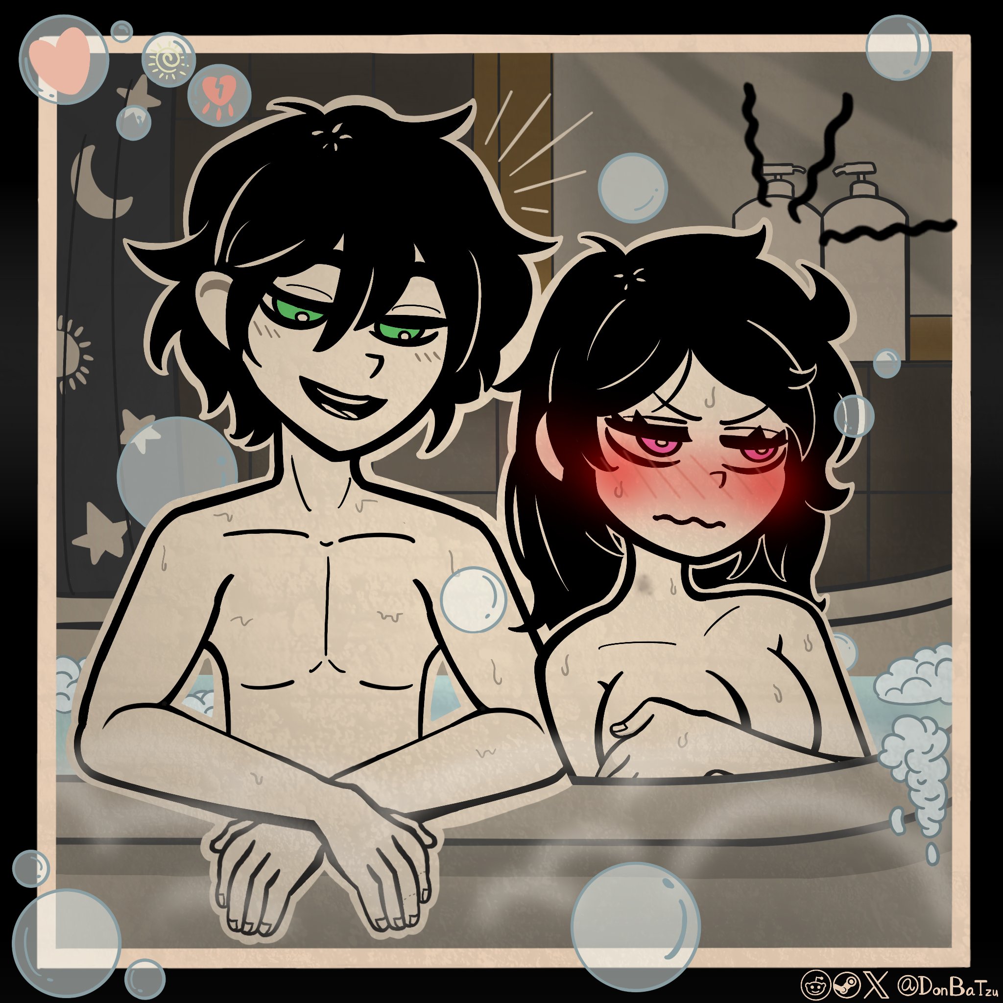 1boy, 1girls, 2d, accurate art style, andrew graves, ashley graves, bath, bathing, bathing together, bathtub, blush, breasts, brother, brother and sister, bubbles, covering breasts, donbatzu, embarrassed, embarrassed nude female, female, green eyes, happy, incest, looking at breasts, looking at partner, male, nude, pink eyes, shy, siblings, sister, straight, the coffin of andy and leyley, water, wet, wet skin