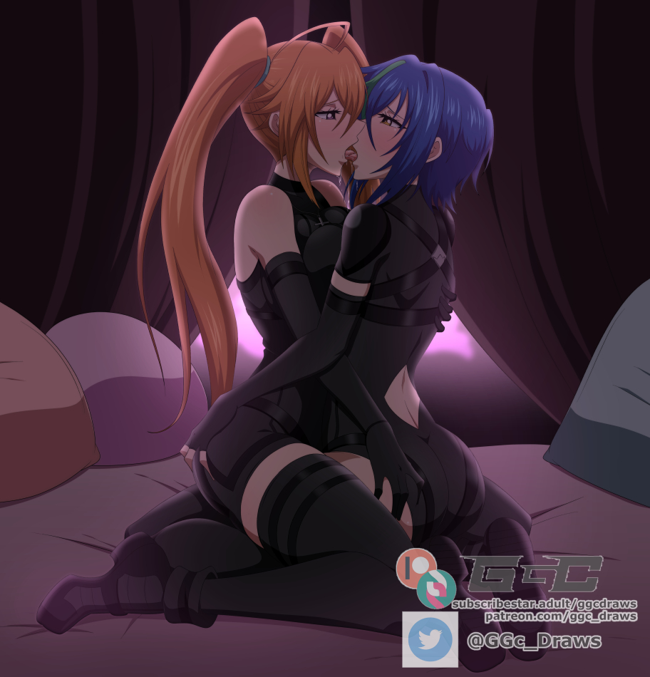 2girls, ass, ass grab, black legwear, black shoes, black sleeves, black stockings, blonde hair, blue hair, blush, female, female only, female/female, footwear, ggc, hair between eyes, hand on ass, high school dxd, kissing, lesbian kiss, long sleeves, medium hair, multiple females, multiple girls, purple eyes, shidou irina, sleeves past elbows, tongue, tongue out, twintails, uncensored, xenovia quarta, yellow eyes, yuri