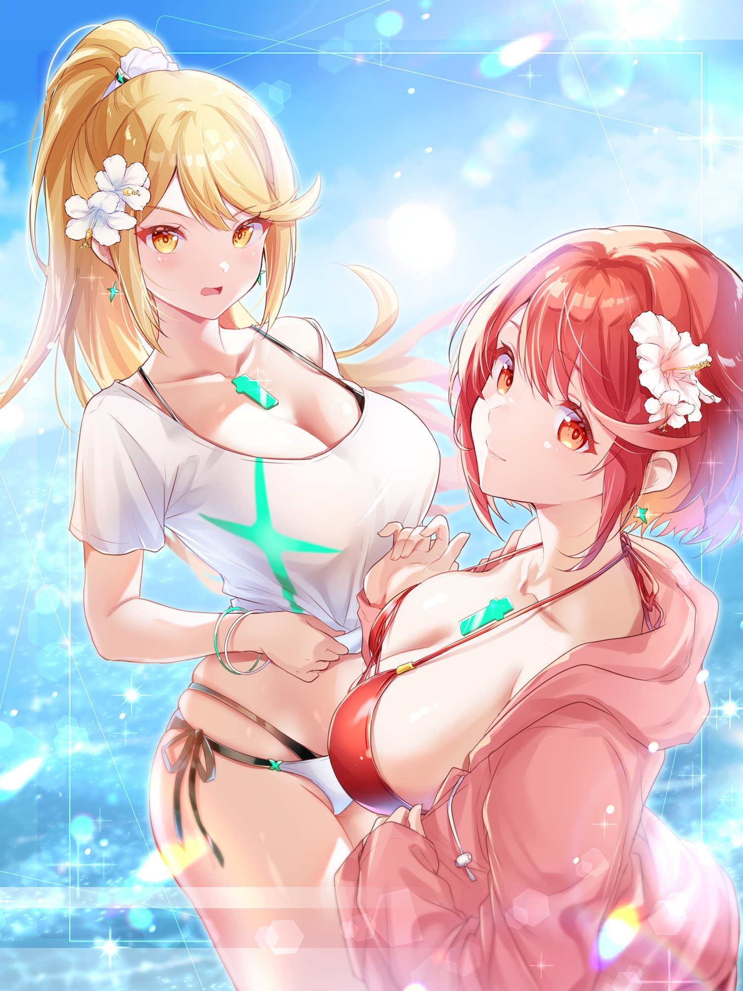 alternate costume, alternate hairstyle, blonde hair, breasts, core crystal, female, female only, highres, large breasts, mythra, mythra (xenoblade), pyra, pyra (xenoblade), red eyes, red hair, ui frara, xenoblade (series), xenoblade chronicles (series), xenoblade chronicles 2, yellow eyes