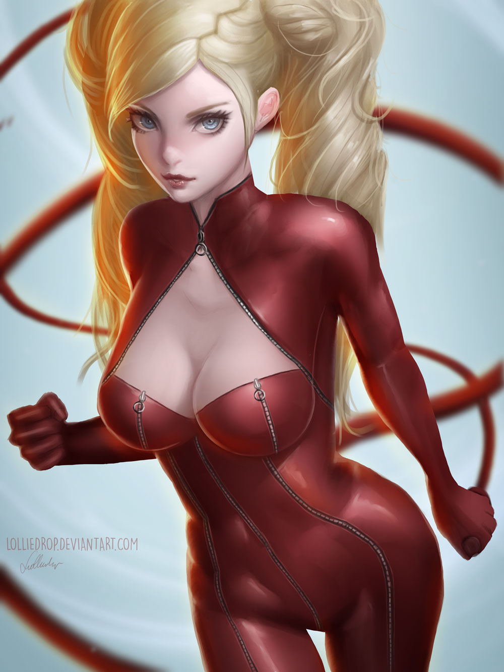 ann takamaki, atlus, big breasts, blonde hair, blue eyes, bodysuit, breasts, female, female only, human, lolliedrop, long hair, megami tensei, pale skin, persona, persona 5, phantom thief suit, sega, solo, solo female, solo focus, twintails, weapon, whip