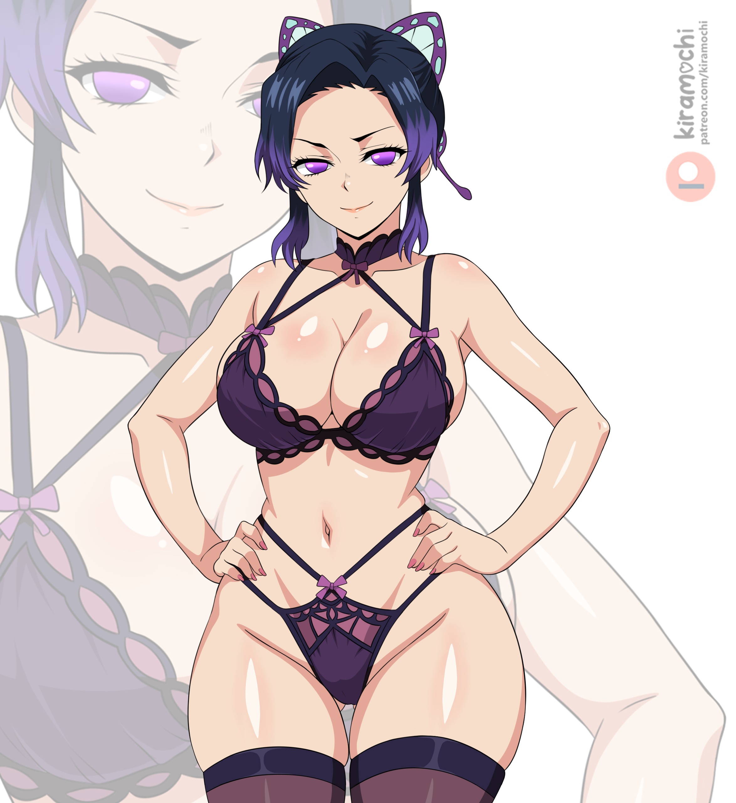 1girls, absurdres, black hair, breasts, butterfly hair ornament, demon slayer, female, female only, hair ornament, hands on own hips, highres, kimetsu no yaiba, kiramochi, kochou shinobu, lingerie, purple eyes, purple hair, purple-haired female, underwear, wide hips