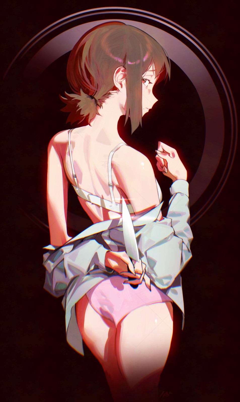 1girls, ass, behind, behind view, brown hair, brunette hair, chainsaw man, female, female only, higashiyama kobeni, knife, light skin, light-skinned female, panties, raneblu, shounen jump, thighs, underwear, weapon