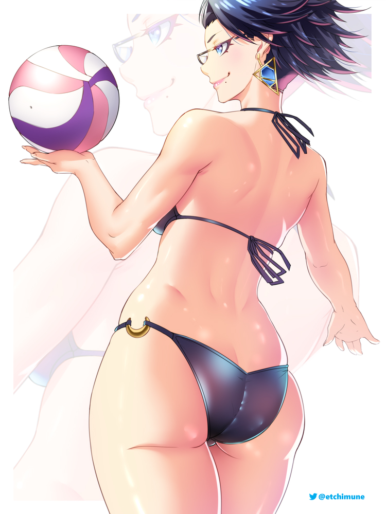 1girls, adult, adult female, ass, ass cleavage, ass crack, back-tie bikini, back-tie swimwear, backboob, bare back, bare chest, bare hands, bare hips, bare legs, bare shoulders, bare thighs, bayonetta, bayonetta (character), bikini, bikini bottom, bikini only, bikini top, black hair, black-haired female, blue eyes, blue-eyed female, breasts, butt crack, curvaceous, curvaceous body, curvaceous female, curvaceous figure, curvaceous hips, curvaceous thighs, curvy, curvy body, curvy female, curvy figure, curvy hips, curvy thighs, earrings, elbows, etchimune, exposed arms, exposed back, exposed chest, exposed hips, exposed legs, exposed shoulders, exposed skin, exposed thighs, female, female focus, female only, fingernails, fingers, glasses, glasses on face, glasses on head, half naked, half nude, hourglass figure, large breasts, lean figure, lips, mature, mature female, mole, mole under mouth, naked, naked female, naked woman, narrow waist, nude, nude female, nudity, semi nude, shiny arms, shiny ass, shiny butt, shiny hair, shiny legs, shiny shoulders, shiny skin, shiny thighs, short hair, shoulders, sideboob, simple background, slender body, slender waist, slim waist, solo, standing, string bikini, swimsuit, swimwear, thick thighs, thighs, upper body, volleyball, volleyball (ball), white background, wide hips