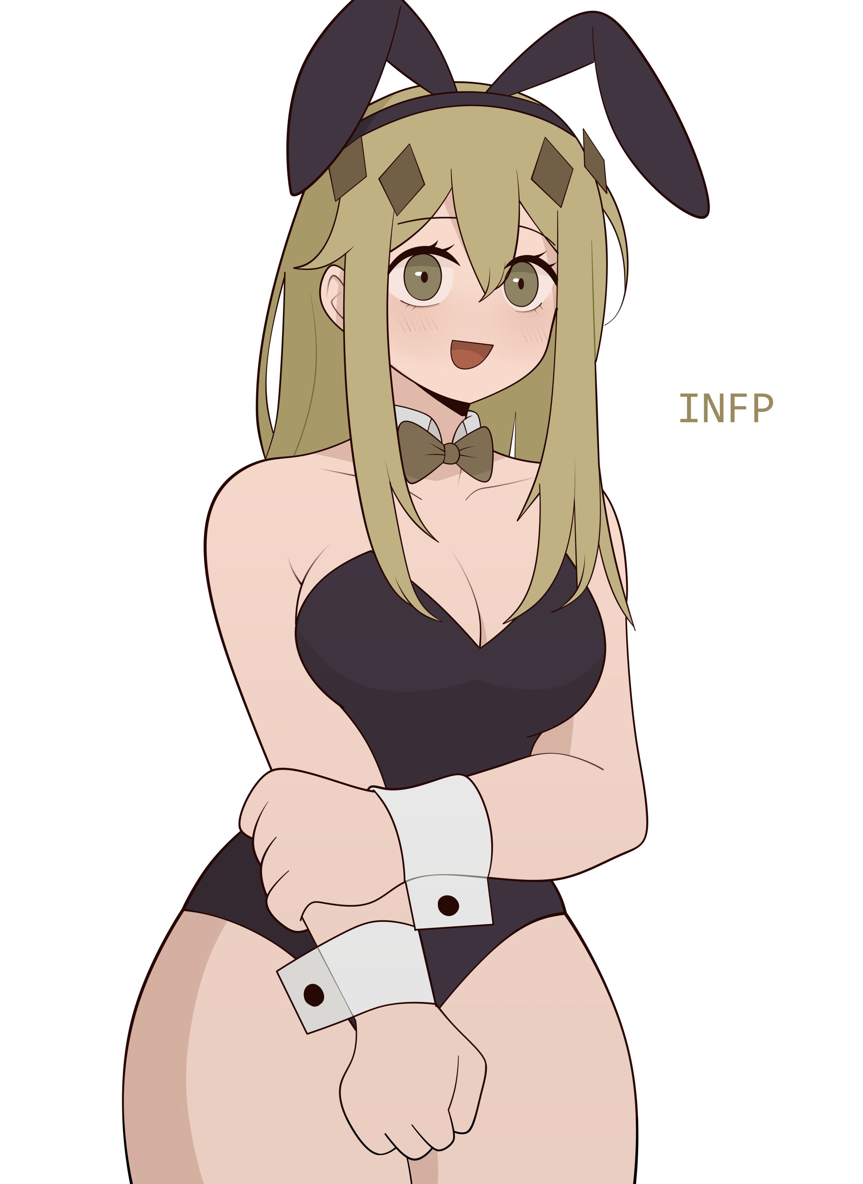 16personalities, arm strap, big breasts, blonde hair, blush, bowtie, breasts, bunny costume, bunny ears, bunny girl, bunnysuit, collar, embarrassed, female, holding arm, infp, large breasts, long hair, mbti, no eraser, open mouth, thick thighs, thighs, yellow eyes
