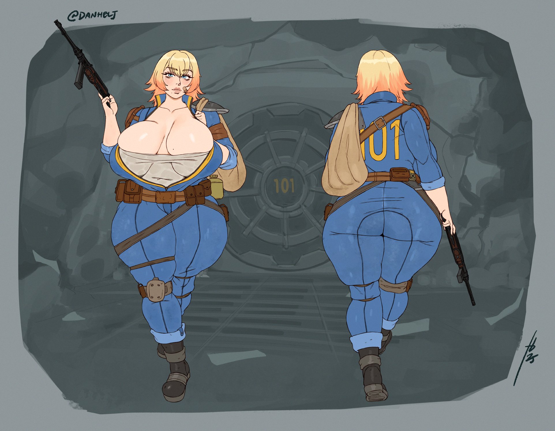 1girls, ass, breasts, bursting breasts, danhelj, fallout, female, female only, gigantic breasts, huge ass, huge breasts, human, lone wanderer, revealing clothes, solo, solo female, standing, tight clothing, vault suit, voluptuous