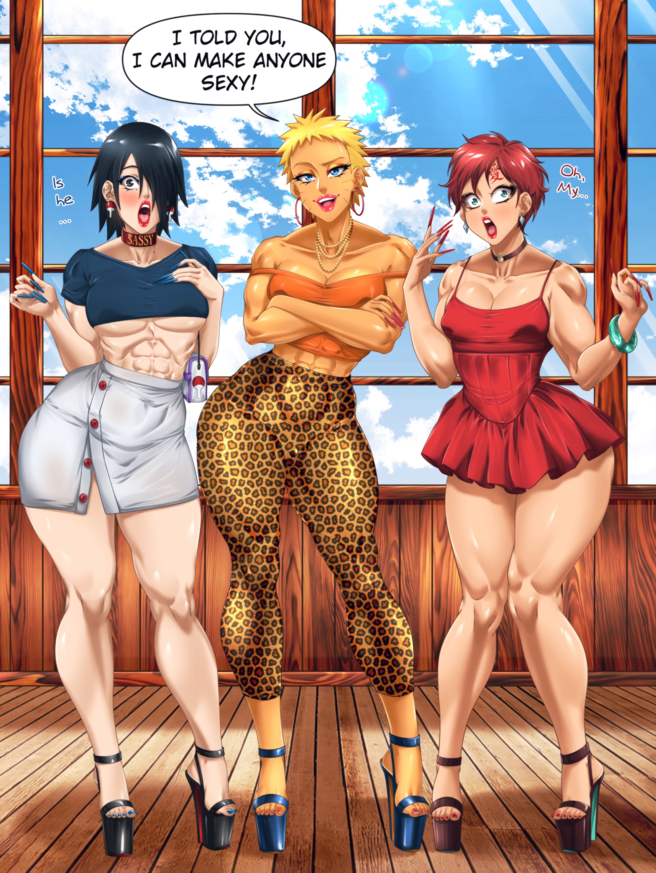 3boys, abs, absurd res, absurdres, androgynous, bare arms, bare legs, bare thighs, big breasts, bimbo, black eyes, black hair, black heels, black high heels, blonde hair, blue eyes, blue heels, blue high heels, blue nail polish, blue nails, blue toenail polish, blue toenails, boobs, boruto: naruto next generations, bracelet, breasts, child bearing hips, choker, cleavage, collar, crop top, crossdressing, curvaceous, curves, curvy, curvy body, curvy figure, curvy hips, curvy male, dialogue, dress, ear piercing, ear ring, earrings, english text, eyelashes, eyeshadow, facial markings, fan earrings, feet, female, femboy, femboy dilf, feminine male, foot fetish, front view, gaara, girly, hair over one eye, heels, hi res, high heels, high resolution, highres, hips, hoop earrings, hoop earrings oversized, hourglass figure, human, jewelry, leopard print, light skin, light-skinned male, lips, lipstick, long fingernails, long legs, long nails, looking at viewer, makeup, male, male focus, male only, medium hair, messy hair, miniskirt, muscular, muscular male, nail polish, naruto, naruto (series), naruto uzumaki, necklace, painted nails, painted toenails, pale skin, pale-skinned male, pecs, pink lips, pink lipstick, pink nail polish, pink nails, pink toenail polish, pink toenails, platform heels, red hair, red nail polish, red nails, red toenail polish, red toenails, revealing clothes, sasuke uchiha, shonen jump, short dress, short hair, short skirt, shoulder length hair, shounen jump, shueisha, sissy, skimpy, skimpy clothes, skirt, sleeveless shirt, speech bubble, standing, stiletto heels, suiren ciao, sundress, tank top, text, thick thighs, thighs, thunder thighs, tight clothing, tight pants, toenail polish, toenails, toes, tomgirl, toned, toned male, trap, uchiha sasuke, uchiha symbol, underboob, uzumaki naruto, very high resolution, weekly shonen jump, weekly shounen jump, whisker markings, whiskers, wide hips, yellow hair