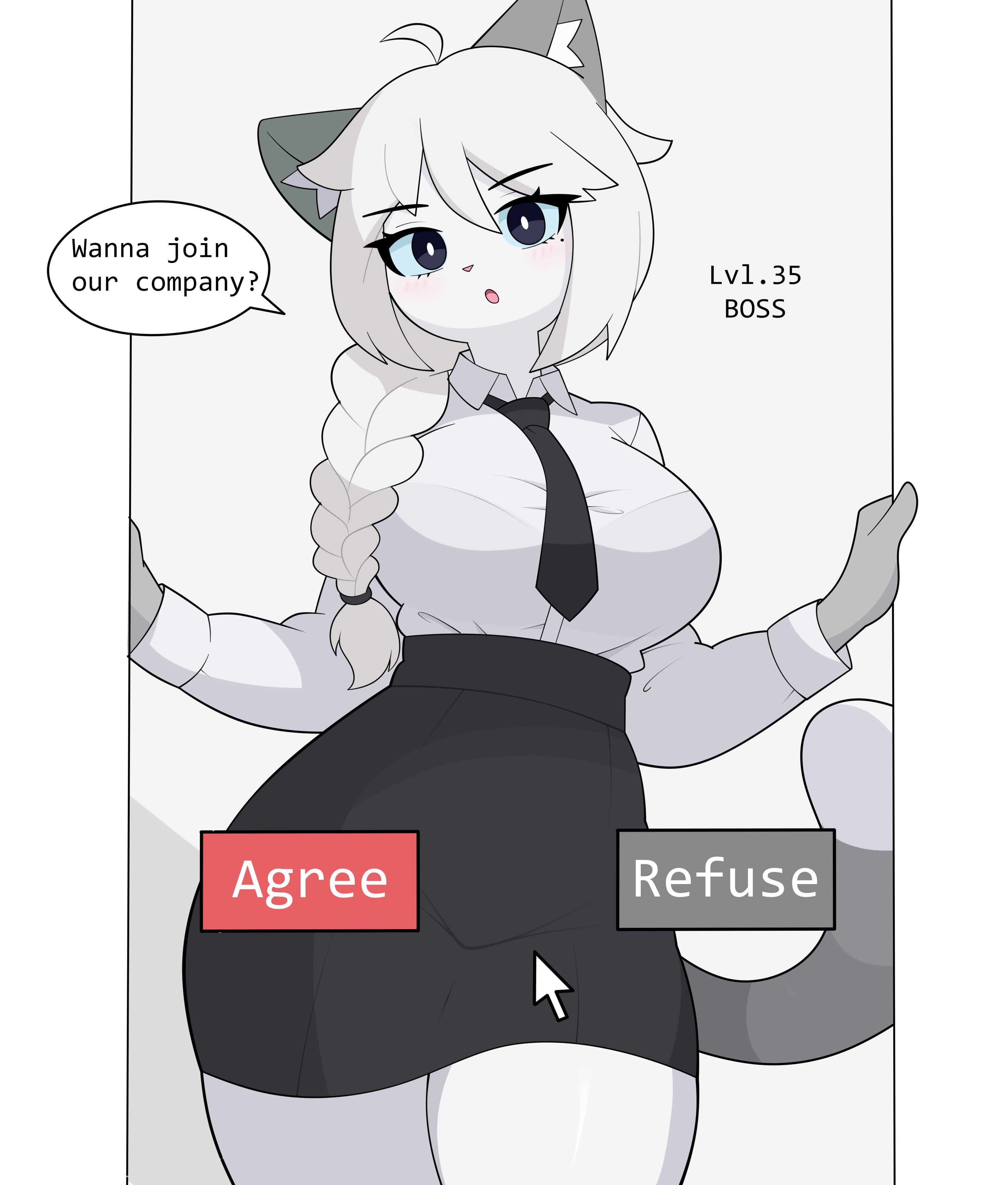big breasts, blue eyes, blush, boss, breasts, cat ears, cat girl, cat tail, catgirl, english text, feline, female, fully clothed, hourglass figure, large breasts, meme, meme reference, no eraser, office clothing, office lady, office skirt, open mouth, seductive, shirt, speaking, suggestive, tail, text, thick thighs, thighs, tie, white hair