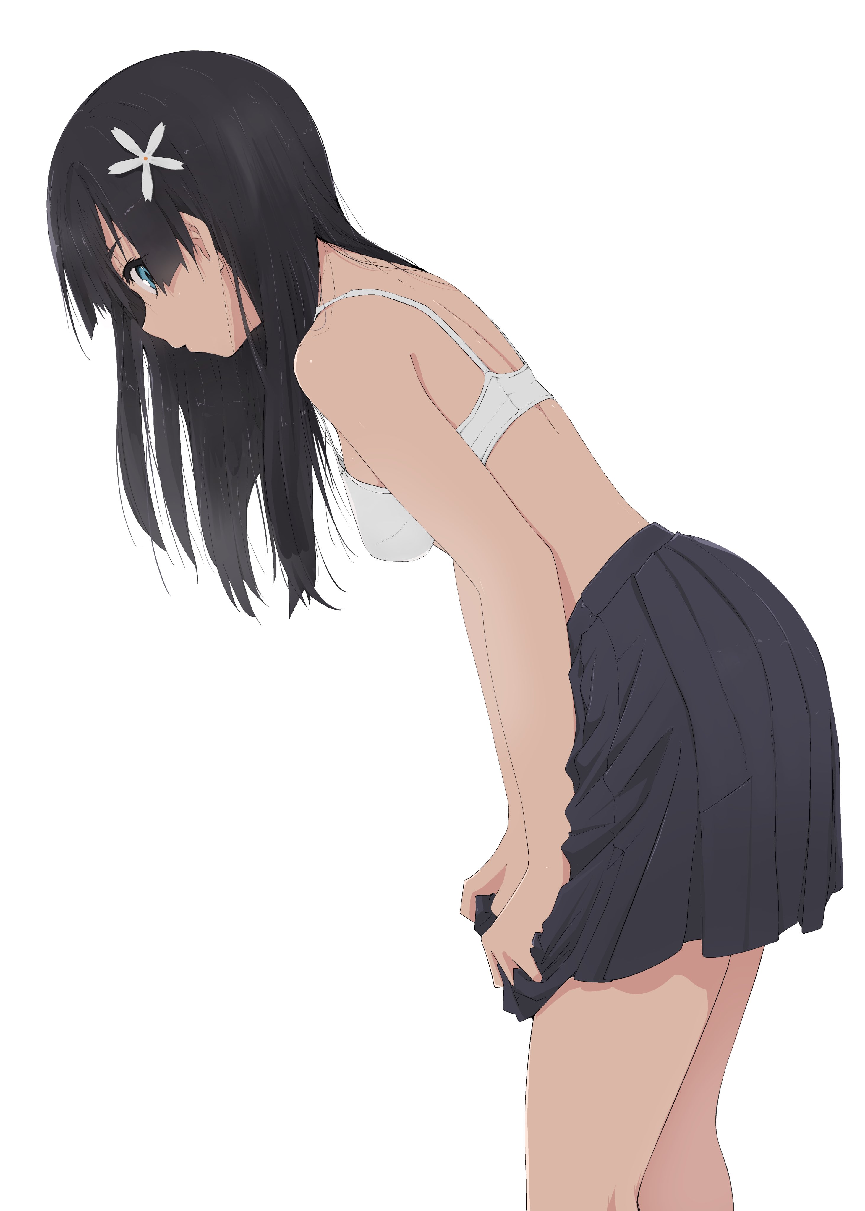 1girls, 2020s, 2025, absurd res, black hair, black skirt, blue eyes, bra, breasts, female, flower, from side, hair flower, hair ornament, hi res, leaning forward, light skin, light-skinned female, long hair, looking at viewer, looking to the side, musaki (msaki666), open mouth, pleated skirt, saten ruiko, simple background, skirt, small breasts, solo, standing, teenage female, teenager, to aru kagaku no railgun, to aru majutsu no index, underwear, white background, white bra, young