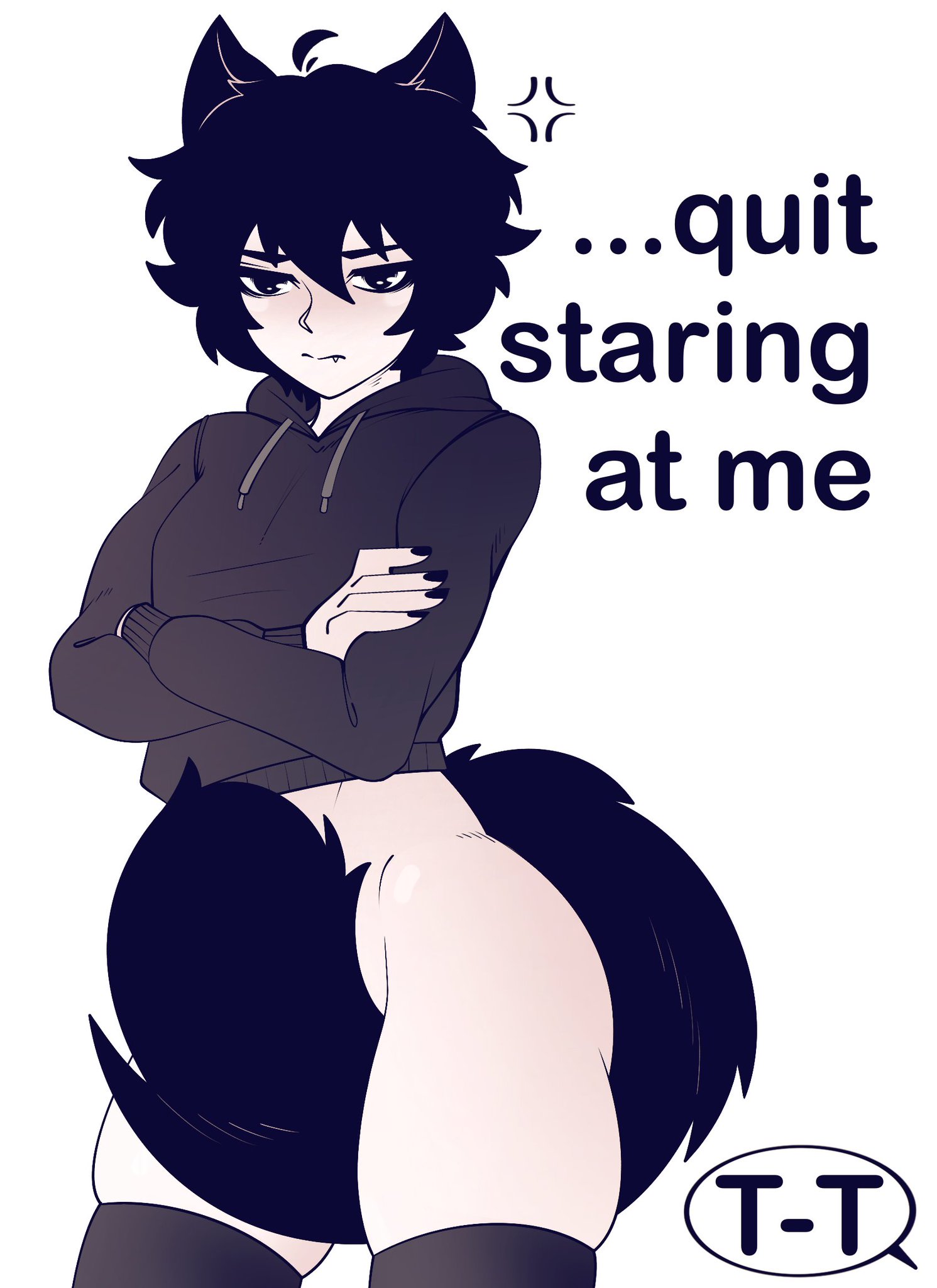 angry, ass, blush, bro aniki, bubble ass, bubble butt, covering, doomer boy, duplicate, femboy, higher resolution available, hoodie, looking at viewer, male, partially clothed, shy, tail, thick thighs, thighhighs, wolf ears