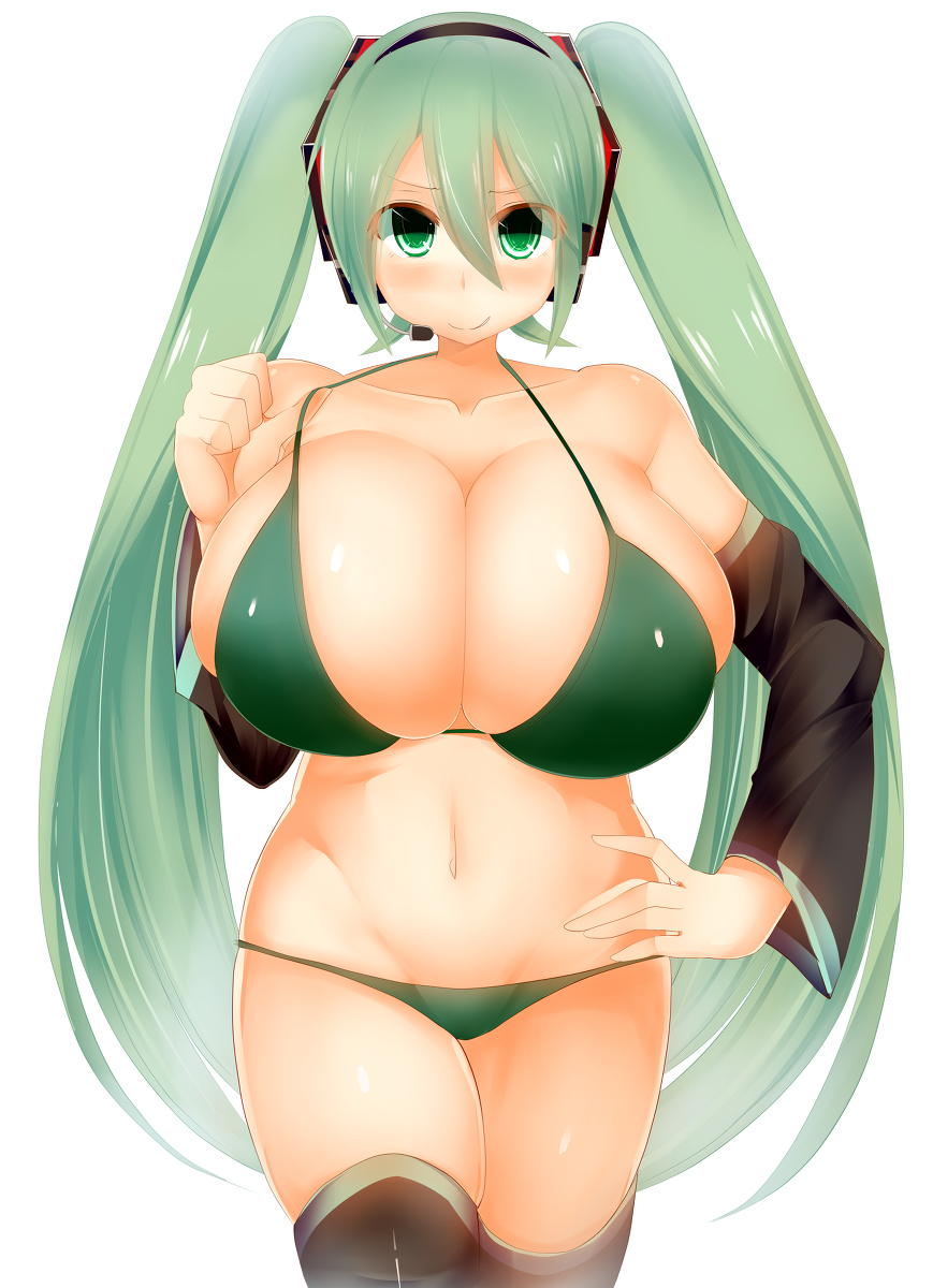 bare_shoulders bikini black_legwear blush breasts cleavage detached_sleeves facominn female green_bikini green_eyes green_hair hatsune_miku headset huge_breasts long_hair navel simple_background skindentation skirt solo swimsuit thighhighs very_long_hair vocaloid white_background