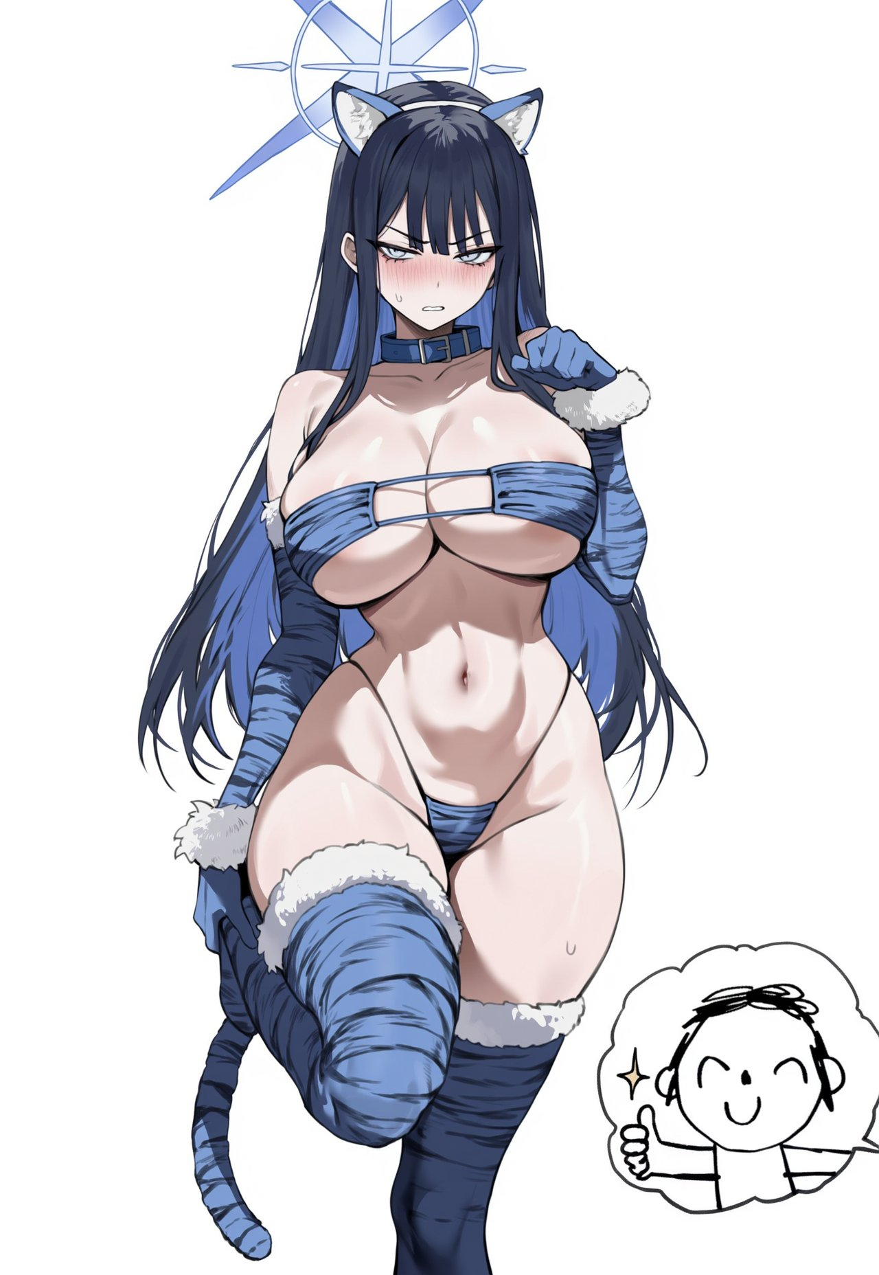 1boy, 1girls, ai assisted, ai generated, animal ears, areola, areolae, blue archive, blue clothing, blue eyes, blue hair, blue legwear, blush, breasts, collar, elbow gloves, fake animal ears, female, female focus, fur trim, furrowed brow, halo, highleg, highleg panties, huge breasts, large breasts, legwear, leopard, leopard print, light skin, light-skinned female, long gloves, long hair, male, pale skin, pale-skinned female, saori (blue archive), sensei (blue archive), smile, sparkles, standing, standing on one leg, sweat, sweaty, teeth, thick legs, thick thighs, thighhighs, thighs, thumbs up, tiger ears, tiger girl, tiger print, tiger stripes, tiger tail, truck kun, truck-kun art, underwear, voluptuous, voluptuous female, wide hips