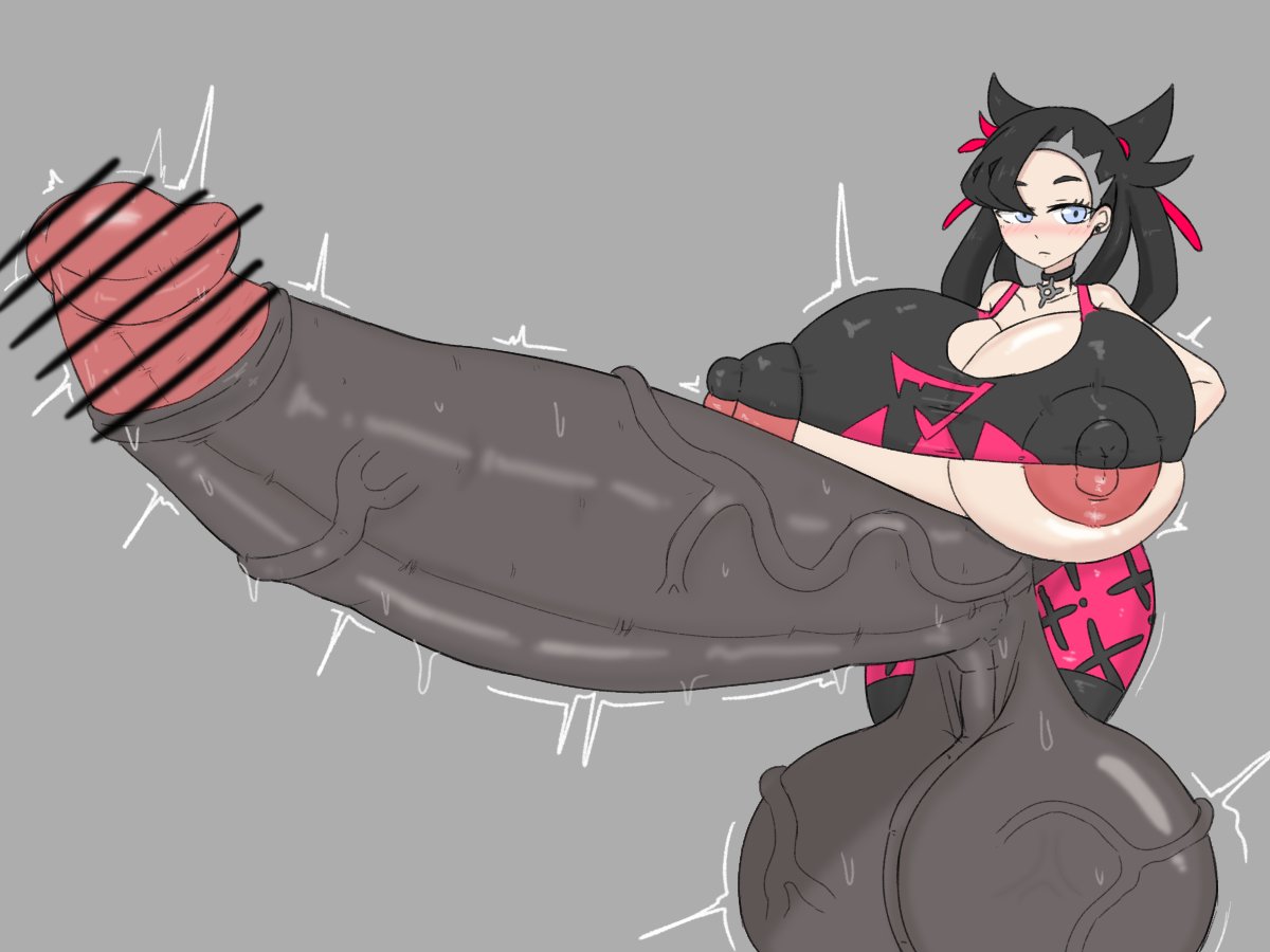 1futa, areolae, balls, big balls, big breasts, big cock, big penis, black hair, bottomless, breasts, censored, censored penis, clothed, clothing, cum, dickgirl, emotionless, erect penis, erection, futa only, futanari, huge cock, human, hyper, hyper balls, hyper penis, hyper testicles, intersex, large breasts, large penis, light skin, light-skinned futa, long hair, marnie (pokemon), nintendo, nipples, pale skin, pale-skinned futa, partially clothed, penis, penis bigger than body, pokemon, pokemon ss, rekuro (@noto858), solo, standing, testicles