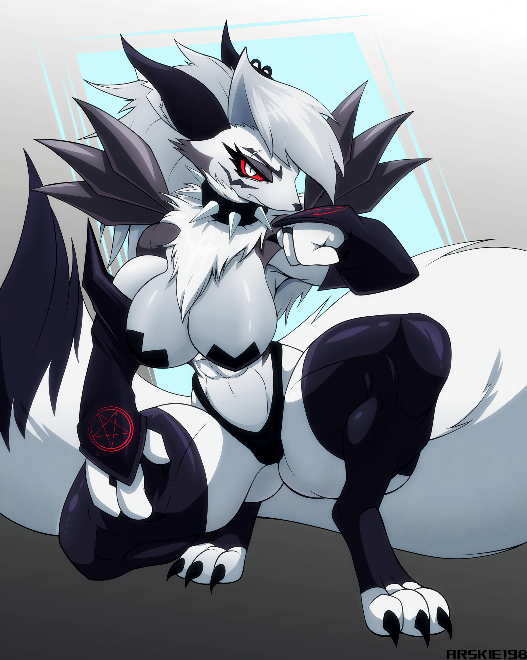 1girls, anthro, armwear, arskie198, bandai namco, big breasts, breasts, bridal gauntlets, canid, canid demon, canine, clothing, collar, crossover, cute fangs, demon, digimon, digimon (species), ear piercing, ear ring, fangs, female, female only, fur, furry, hellhound, helluva boss, hybrid, legwear, looking at viewer, loona (helluva boss), mammal, mythological canine, mythological creature, mythology, nipple pasties, nipple tape, occult symbol, pasties, pentagram, piercing, pupils, red sclera, renamon, ring piercing, slit pupils, solo, spiked collar, spikes, symbol, tail, tape, teeth, thick thighs, thigh highs, white body, white fur, wide hips, wolf, wolf girl