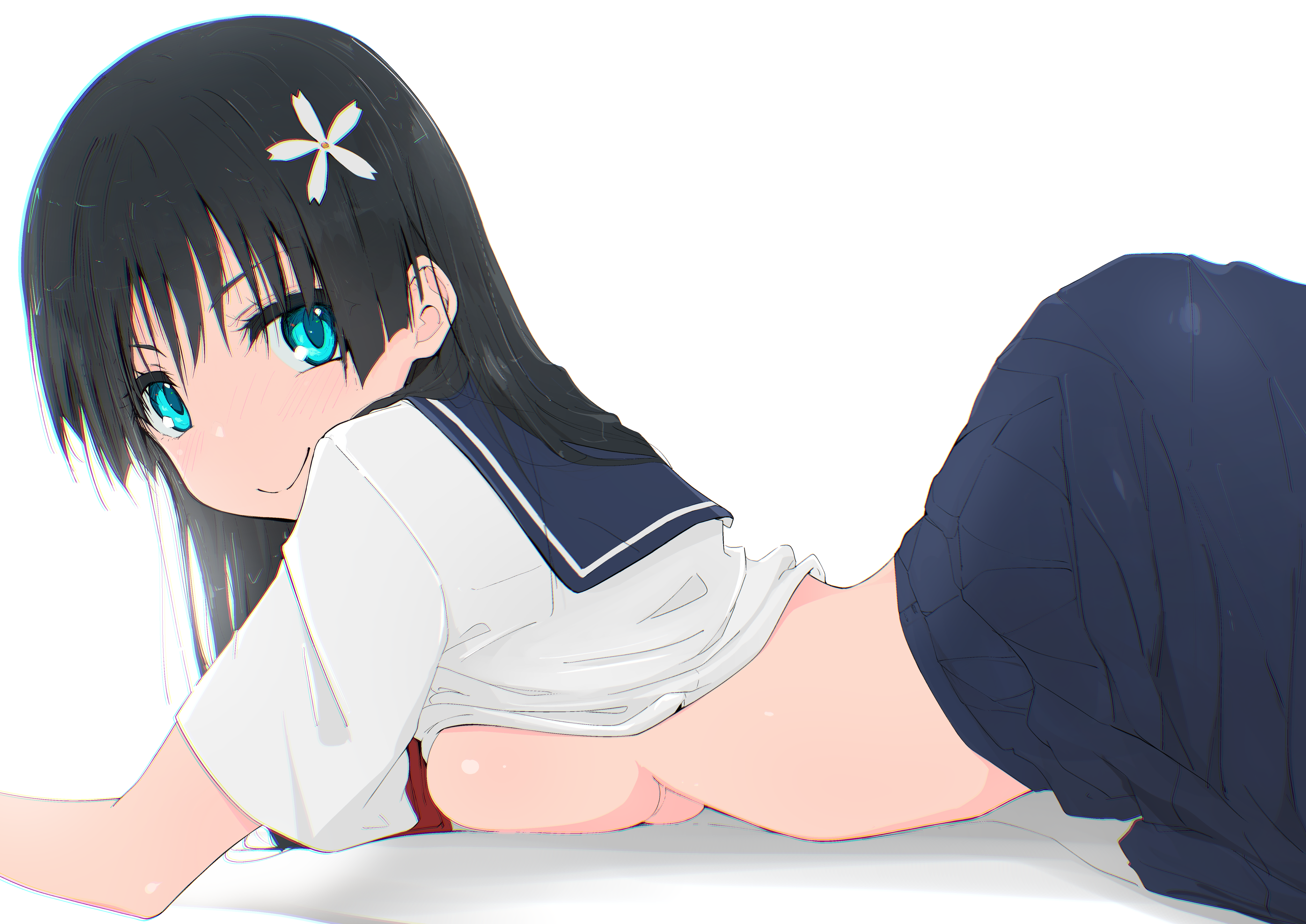 1girls, 2020s, 2025, absurd res, black hair, blue sailor collar, blue skirt, breasts, closed mouth, clothes lift, female, flower, hair flower, hair ornament, hi res, large breasts, light skin, light-skinned female, long hair, looking at viewer, lying, musaki (msaki666), neckerchief, no bra, on stomach, pleated skirt, red neckerchief, sailor collar, sakugawa school uniform, saten ruiko, school uniform, schoolgirl, serafuku, shirt, sideboob, simple background, skirt, smile, teasing, teenage female, teenager, to aru kagaku no railgun, to aru majutsu no index, white shirt, young