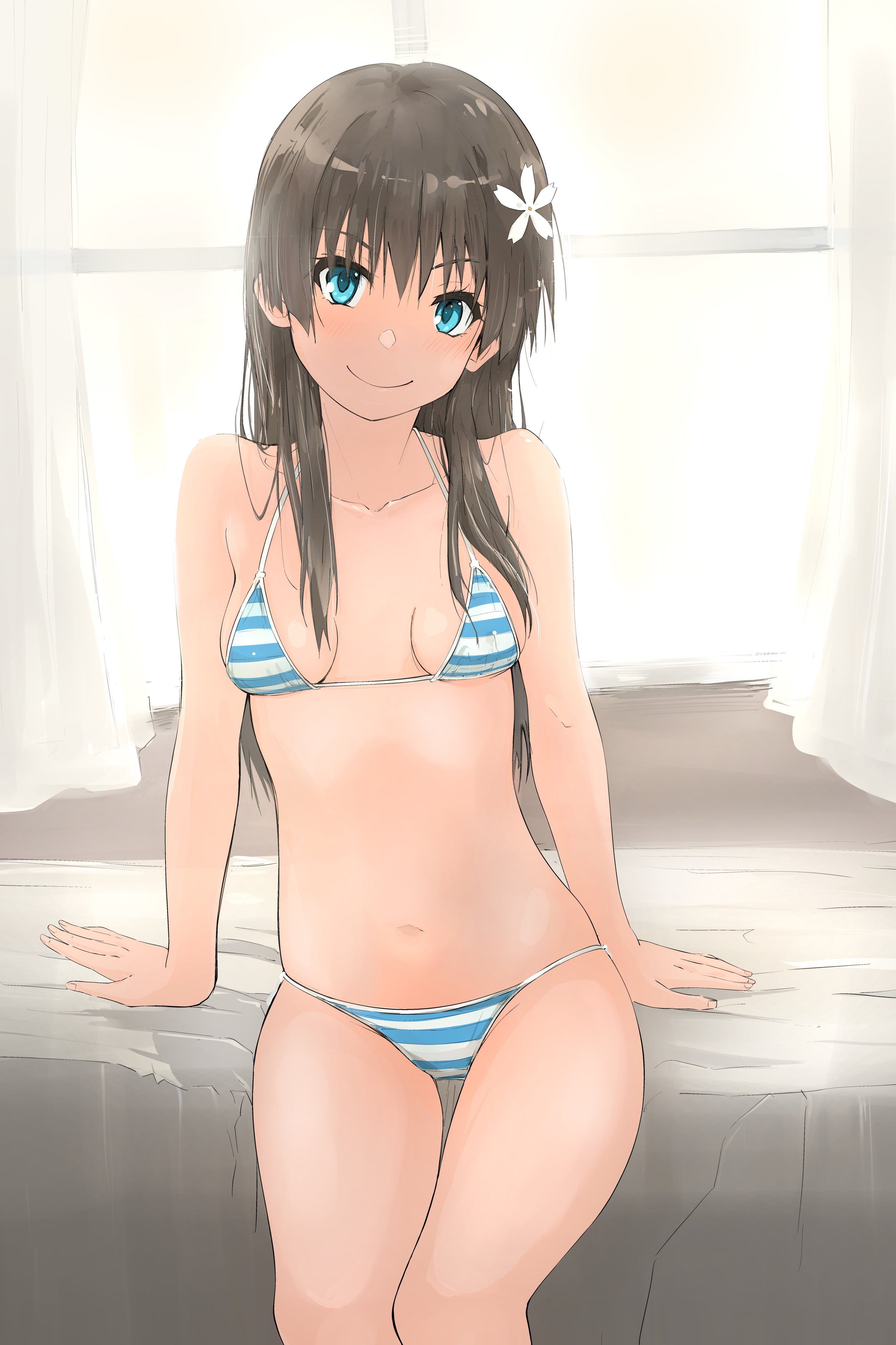 1girls, 2020s, 2024, absurd res, bed, bikini, black hair, blue bikini, breasts, feet out of frame, female, flower, green eyes, hair flower, hair ornament, hair over shoulder, hi res, light skin, light-skinned female, musaki (msaki666), saten ruiko, small breasts, solo, striped bikini, striped clothes, swimsuit, teenage female, teenager, thigh gap, to aru kagaku no railgun, to aru majutsu no index, young