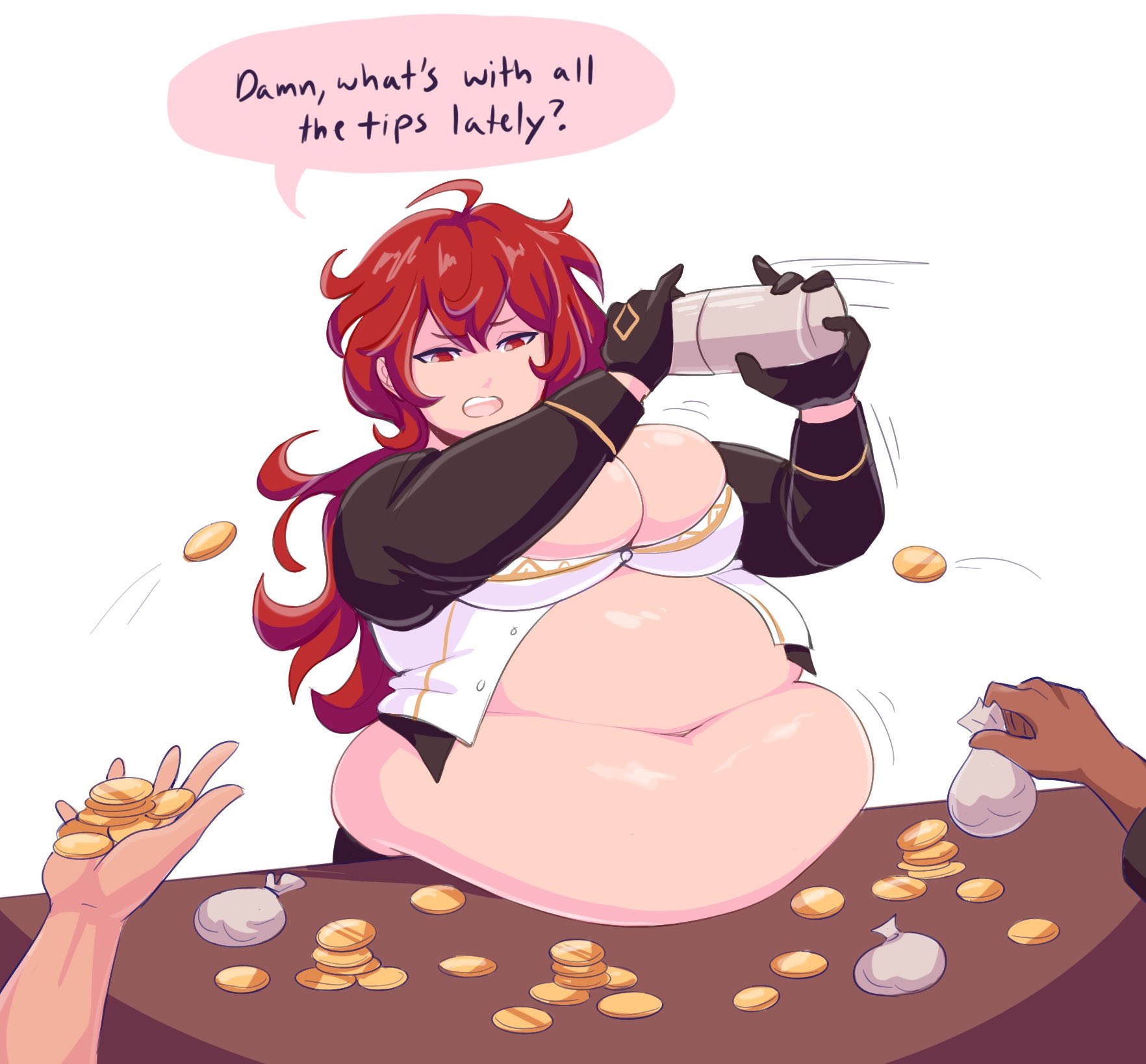1boy, bbm, big breasts, breasts, bursting breasts, cleavage, dialogue, diluc (genshin impact), fat, fat male, geep, genshin impact, human, large breasts, male, male only, male with breasts, moobs, overweight, overweight male, revealing clothes, text, tight clothing, weight gain
