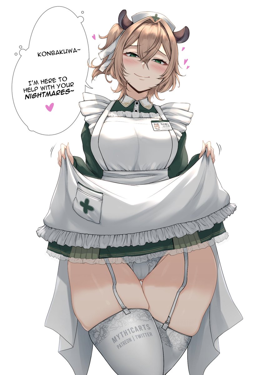 animal ears, apron, blush, breasts, brown hair, clothes lift, collared dress, contrast collar, crossed bangs, dress, english text, female, frilled apron, frills, garter straps, gluteal fold, green dress, green eyes, hair ribbon, hat, heart, highres, id card, indie virtual youtuber, large breasts, light smile, long sleeves, looking at viewer, maid apron, medium hair, myth1c, myth1carts, naughty face, nimi nightmare, nurse cap, one side up, panties, ribbon, simple background, skindentation, skirt, skirt lift, solo, speech bubble, tapir ears, tapir girl, thick thighs, thighhighs, thighs, twitter username, underwear, virtual youtuber, waist bag, white apron, white background, white panties, white thighhighs