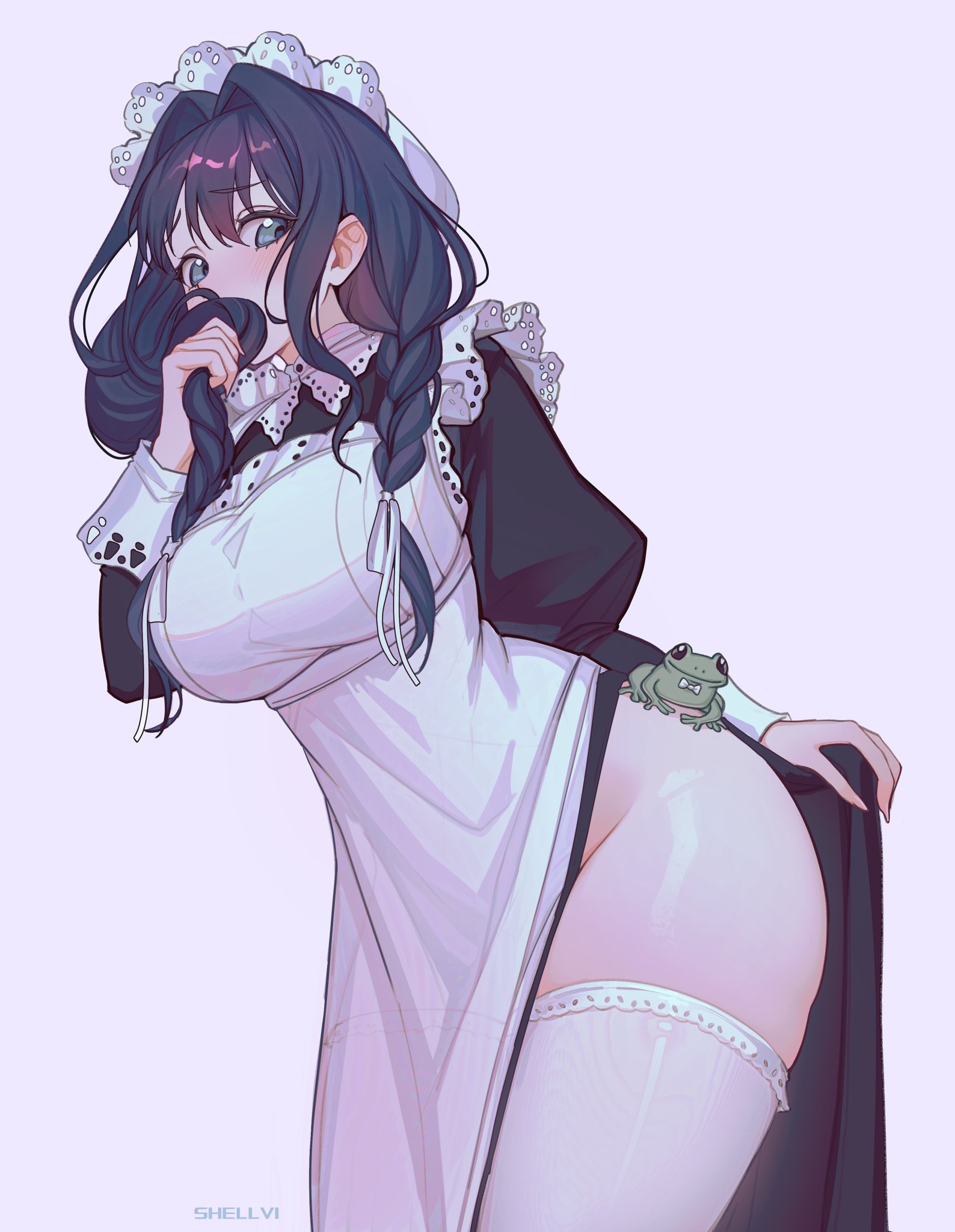 1girls, big breasts, blue eyes, blue hair, blush, breasts, busty, female, female only, hiding face, hips, hololive, hololive english, hololive english -council-, hololive english -promise-, large breasts, legs, maid, maid apron, maid headdress, maid uniform, ouro kronii, ouro kronii (maid), shellvi, tagme, thick, thick thighs, thigh highs, thighhighs, thighs, virtual youtuber, vtuber