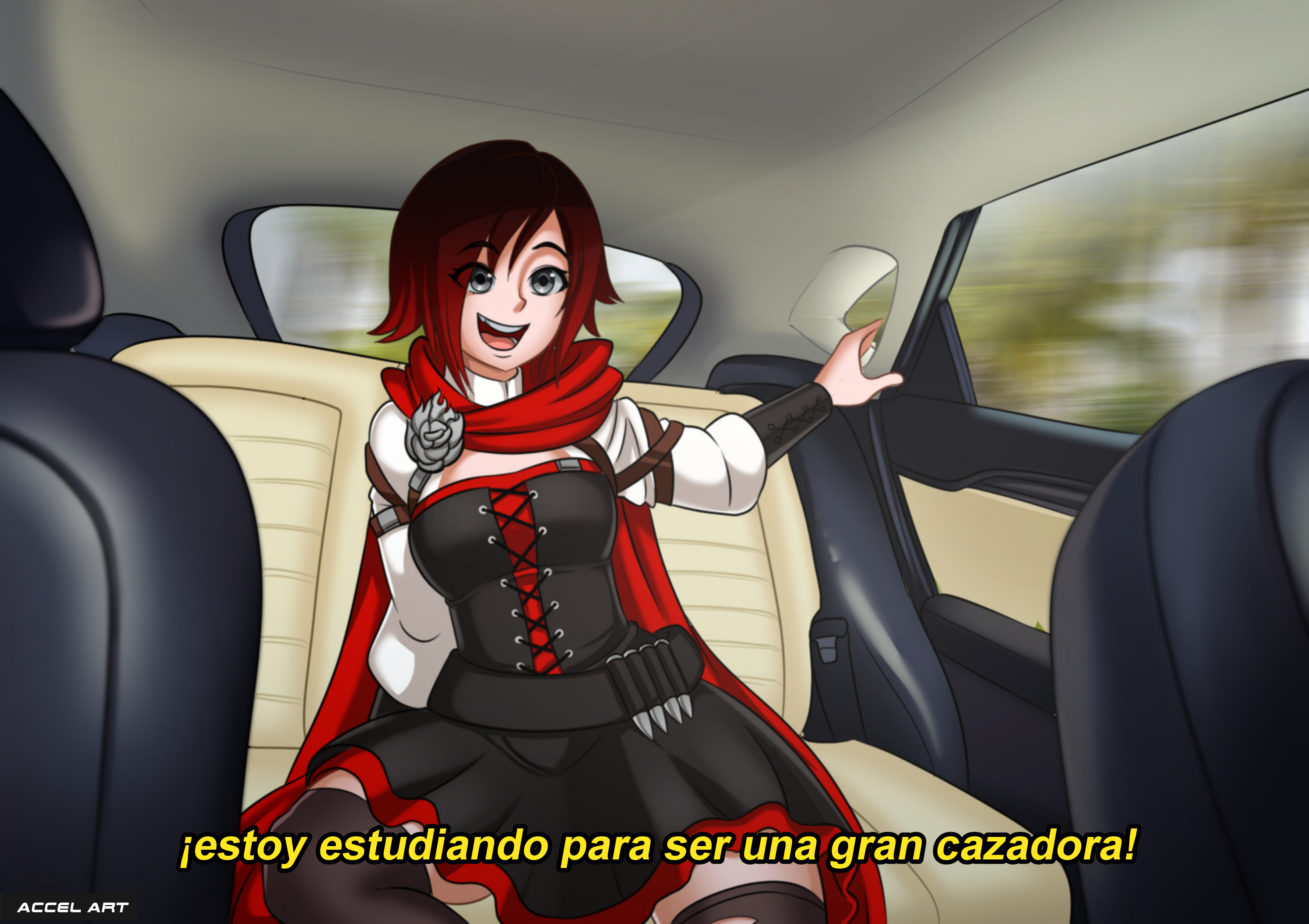 accelart, big breasts, breasts, clothed, clothing, fake taxi, female, female only, female protagonist, happy, human, imminent rape, oblivious, open mouth, ruby rose, rwby, silver eyes, sitting, sitting on chair, skirt, smile, smiling, spanish, spanish dialogue, spanish text, talking, taxi, teenager, thick thighs, thighhighs