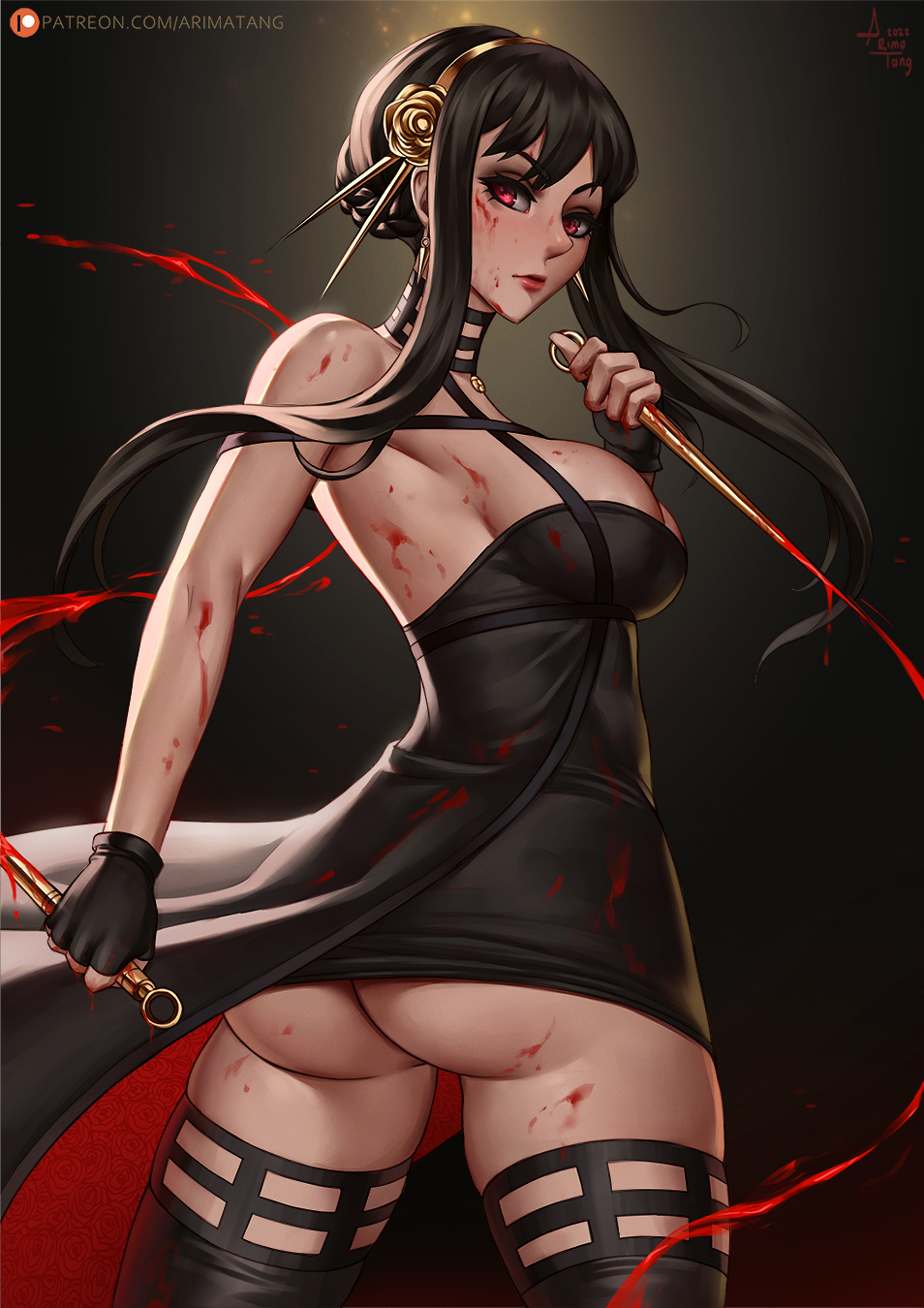 1girls arimatang ass assassin big_breasts blood dress exposed_ass female female_only latex latex_gloves latex_suit latex_thighhighs looking_back pale_skin red_eyes short_dress solo spy_x_family stiletto_(weapon) thighhighs thorn_princess yor_briar