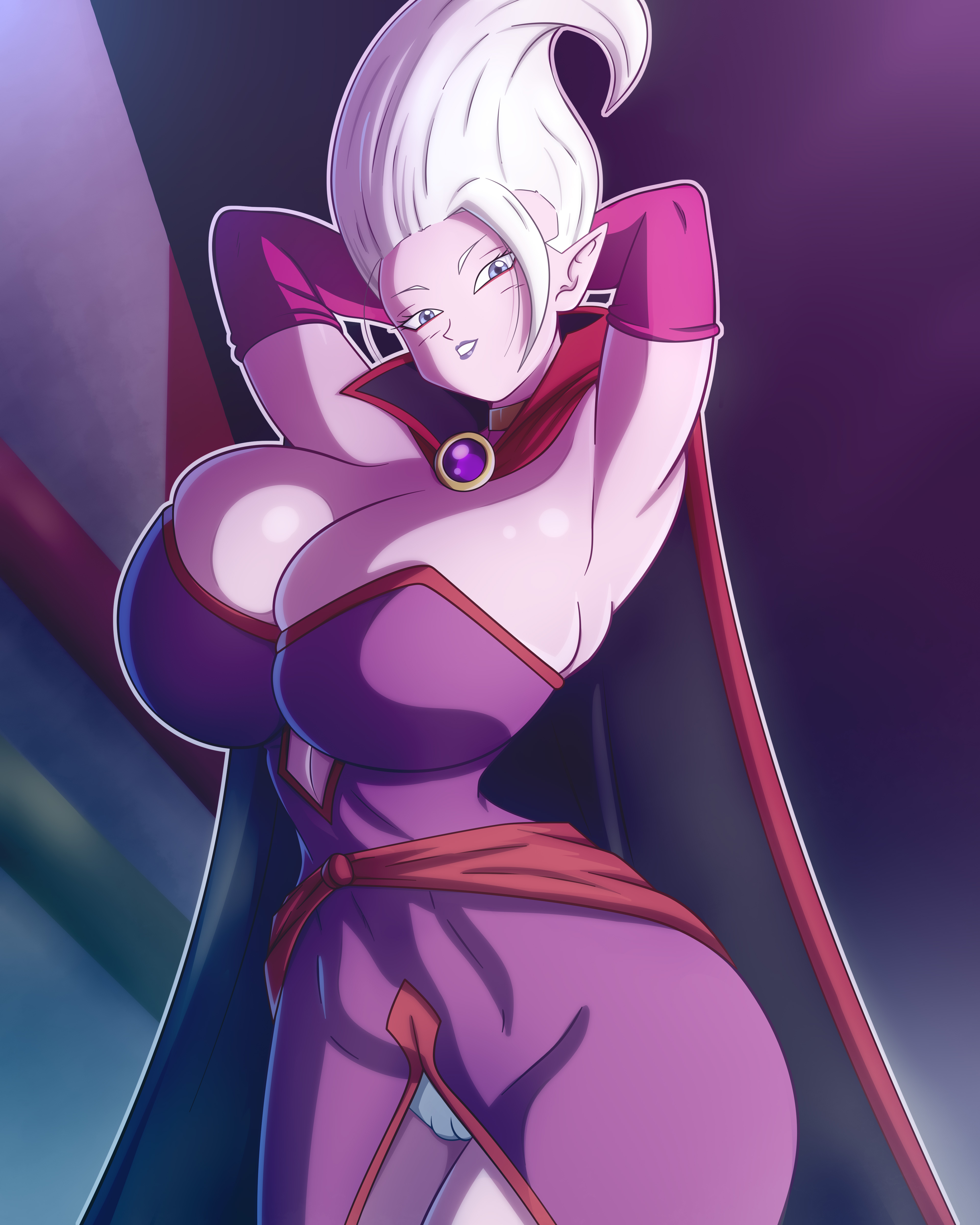 1girls, arinsu, arm sleeves, big breasts, big tits, breasts, cape, collar, cute, cute eyes, cute face, cute female, cute smile, dr. arinsu, dragon ball, dragon ball daima, dragon ball super, dragon ball z, eyeliner, female, female only, fuchsia arm sleeves, glind, grey panties, huge breasts, huge tits, lipstick, makeup, no bra, pink body, pink skin, pink skinned female, purple clothes, purple clothing, purple eyes, purple lipstick, red cape, red eyeliner, seductive, seductive eyes, seductive female, seductive look, seductive smile, soul z, tits, white hair, white-haired female
