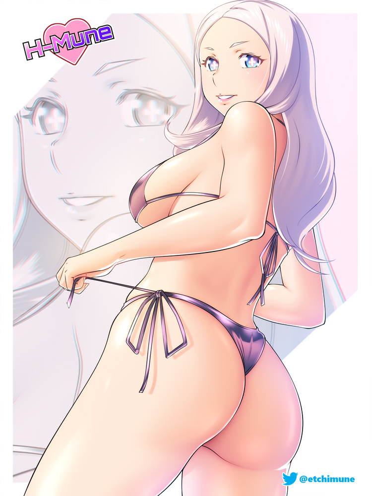 1girls, adult, adult female, ass, ass focus, back, back-tie bikini, back-tie swimwear, backboob, bare ass, bare back, bare butt, bare chest, bare hands, bare hips, bare legs, bare shoulders, bare thighs, bewitching thighs, big breasts, bikini, bikini bottom, bikini only, bikini top, blue eyes, blue-eyed female, breasts, bust cup, busty, busty female, child bearing hips, curvaceous, curvaceous body, curvaceous female, curvaceous figure, curvaceous hips, curvy, curvy body, curvy female, curvy figure, curvy hips, elbows, enen no shouboutai, etchimune, exposed arms, exposed ass, exposed back, exposed butt, exposed chest, exposed hips, exposed legs, exposed shoulders, exposed skin, exposed thighs, female, female focus, female only, fingers, fire force, flower eyes, flower shaped pupils, hourglass figure, large breasts, lean figure, light-skinned female, lips, long hair, looking at viewer, looking down, looking down at viewer, mature, mature female, midriff, narrow waist, parted bangs, parted lips, plump breasts, princess hibana, purple bikini, purple bikini bottom, purple bikini only, purple bikini top, purple string bikini, purple swimsuit, purple swimwear, shiny ass, shiny breasts, shiny butt, shiny hair, shiny legs, shiny shoulders, shiny skin, shiny thighs, shoulders, side-tie bikini, sideboob, simple background, slender body, slender waist, slim waist, smile, smiley face, smiling at viewer, solo, standing, string bikini, swimsuit, swimwear, thick thighs, thighs, underboob, upper body, white background, white border, white eyebrows, white hair, white-haired female, wide hips