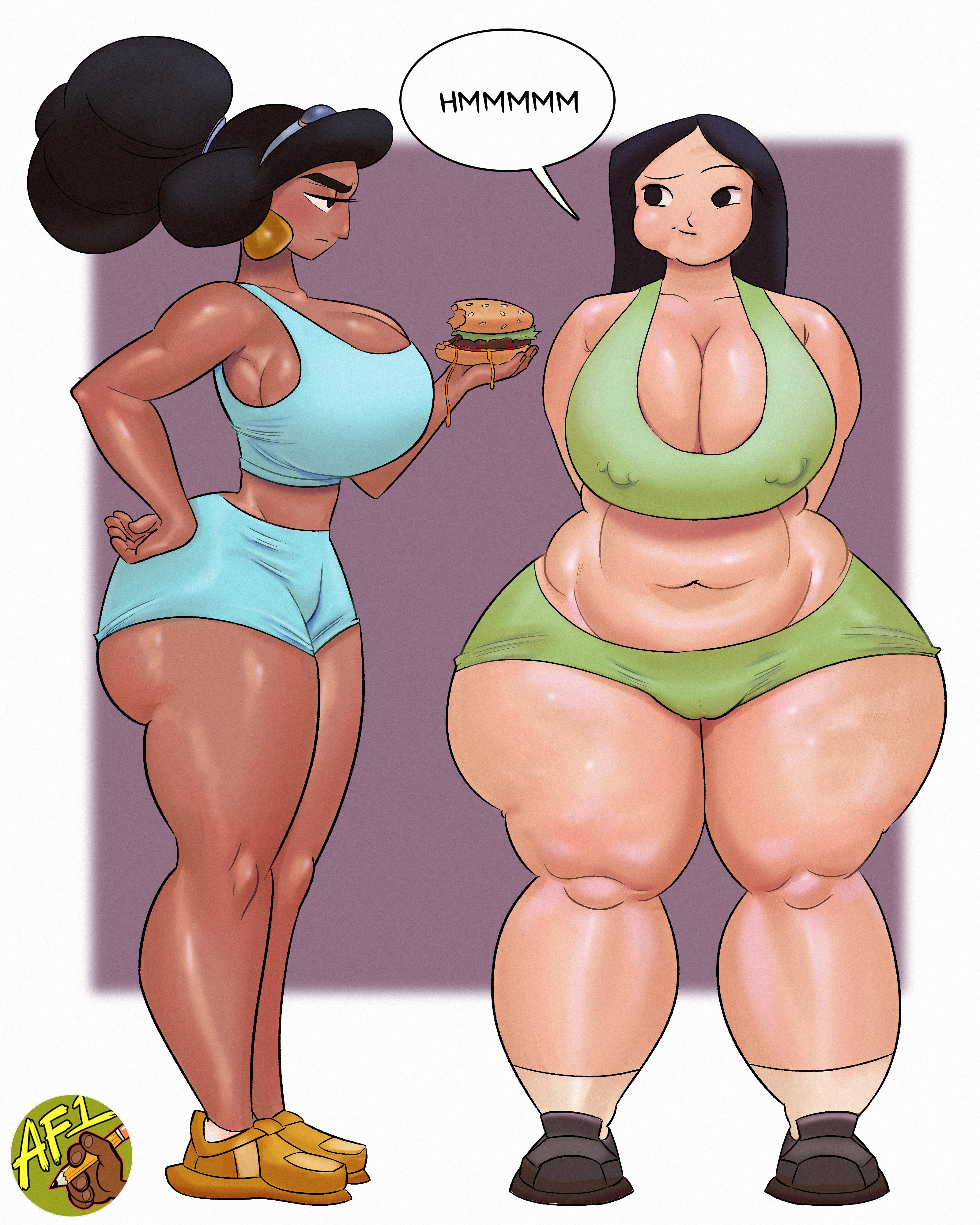 2girls, aladdin, aladdin (1992 disney film), artfoo 1, asian, asian female, black hair, breasts, burger, chinese, chinese female, chocolate and vanilla, chubby, chubby female, cleavage, crossover, dark skin, dark-skinned female, disney, disney princess, duo, duo focus, fa mulan, female, female focus, female only, huge breasts, large breasts, light skin, light-skinned female, long hair, looking at another, mulan, mulan (1998 film), plump, princess jasmine, short shorts, sideass, tank top, thick thighs, thunder thighs, voluptuous, voluptuous female, wide hips