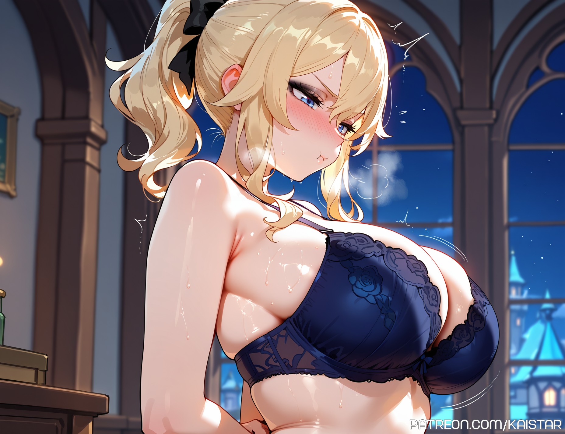1girls, ai generated, big breasts, blonde female, blonde hair, blonde-haired female, blue eyes, bra, breasts, cleavage, embarassed, female, female focus, female only, from side, genshin impact, hands behind back, huge boobs, huge breasts, jean gunnhildr, kaistar, large boobs, large breasts, light skin, light-skinned female, looking at breasts, looking away, milf, mommy, patreon, ponytail, pout, pouting, shiny, shiny skin, shy, solo, solo female, solo focus, sweat, sweatdrop, sweating, sweaty, sweaty body, underwear, wet, wet body, wet skin