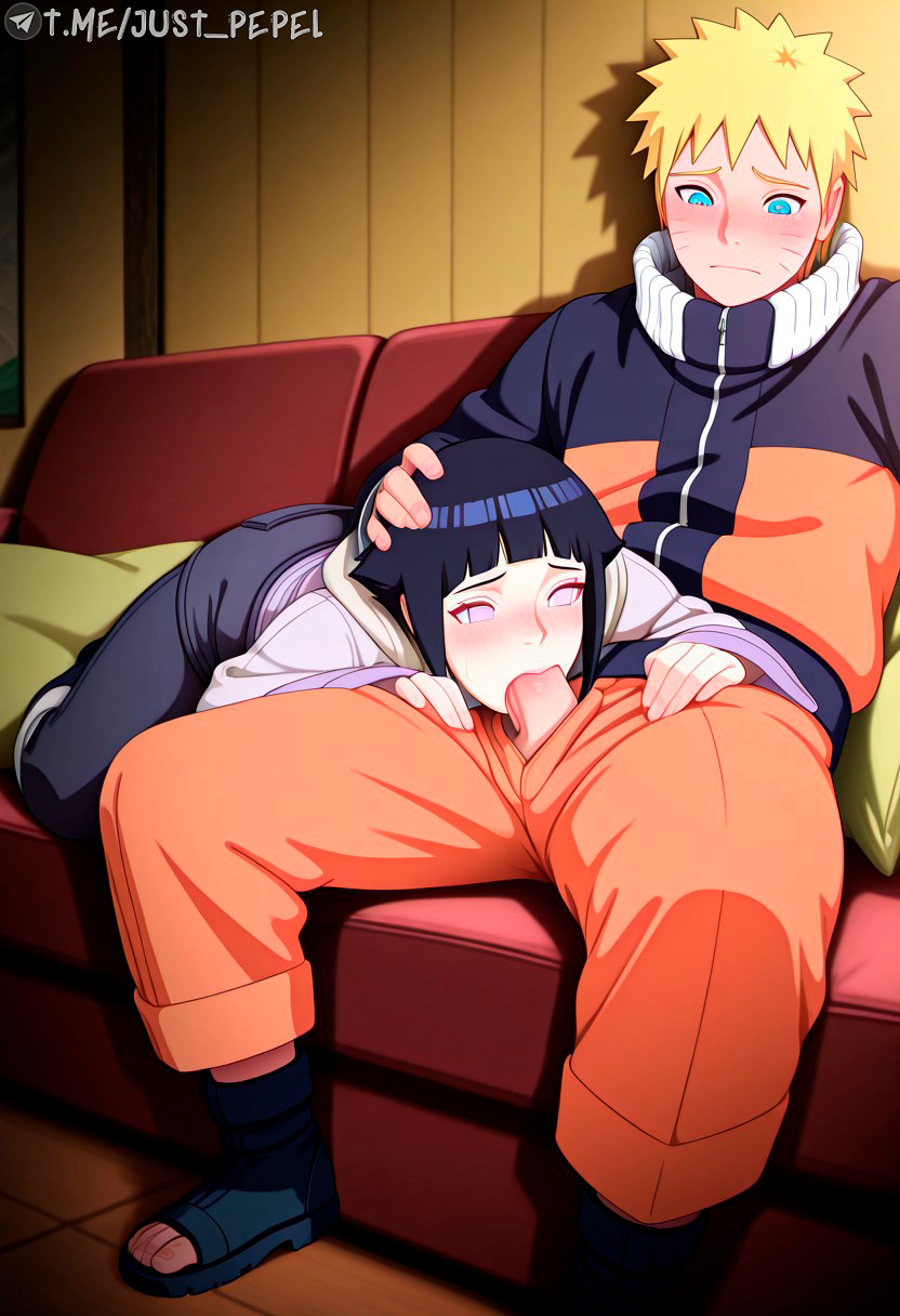 1boy, 1girls, ai generated, artist name, black hair, blonde hair, blue eyes, blunt bangs, blush, canon couple, couch, couple, erection, facial mark, fellatio, female, forehead protector, hand on another's head, hyuuga hinata, hyuuga hinata (genin), indoors, jacket, just pepel, long sleeves, male, multicolored jacket, naruto, naruto (classic), naruto (series), open fly, oral, orange jacket, orange pants, pants, penis, purple eyes, sex, short hair, sitting, spiked hair, straight, uncensored, uzumaki naruto, whisker markings, white eyes