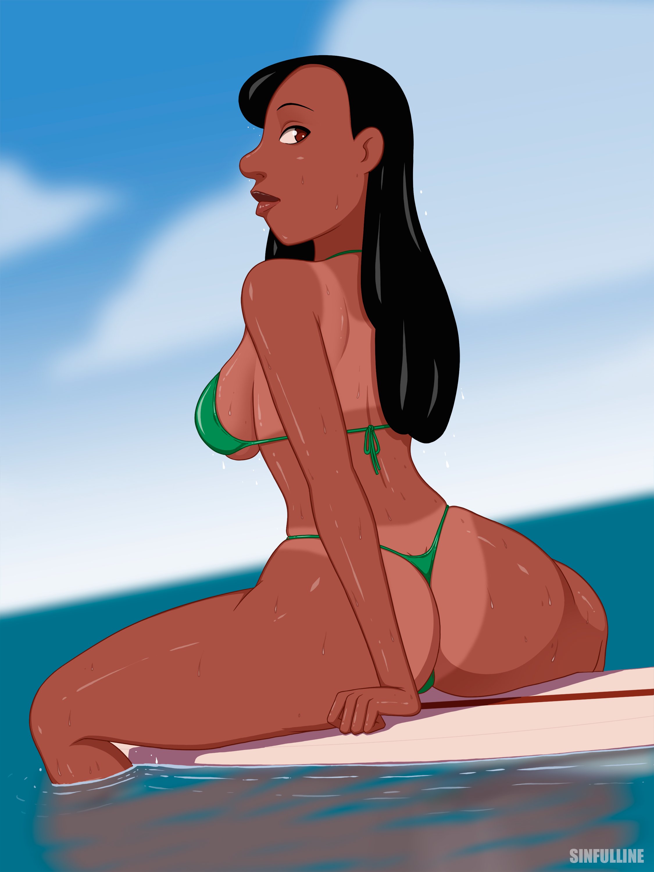 2d, ass, breasts, brown body, brown skin, brown skinned female, bubble ass, bubble butt, busty, disney, female, female focus, female only, hourglass figure, lilo and stitch, nani pelekai, rear view, sinfulline, sitting, tan, tan body, tan skin, tan-skinned female, tanline, wide hips