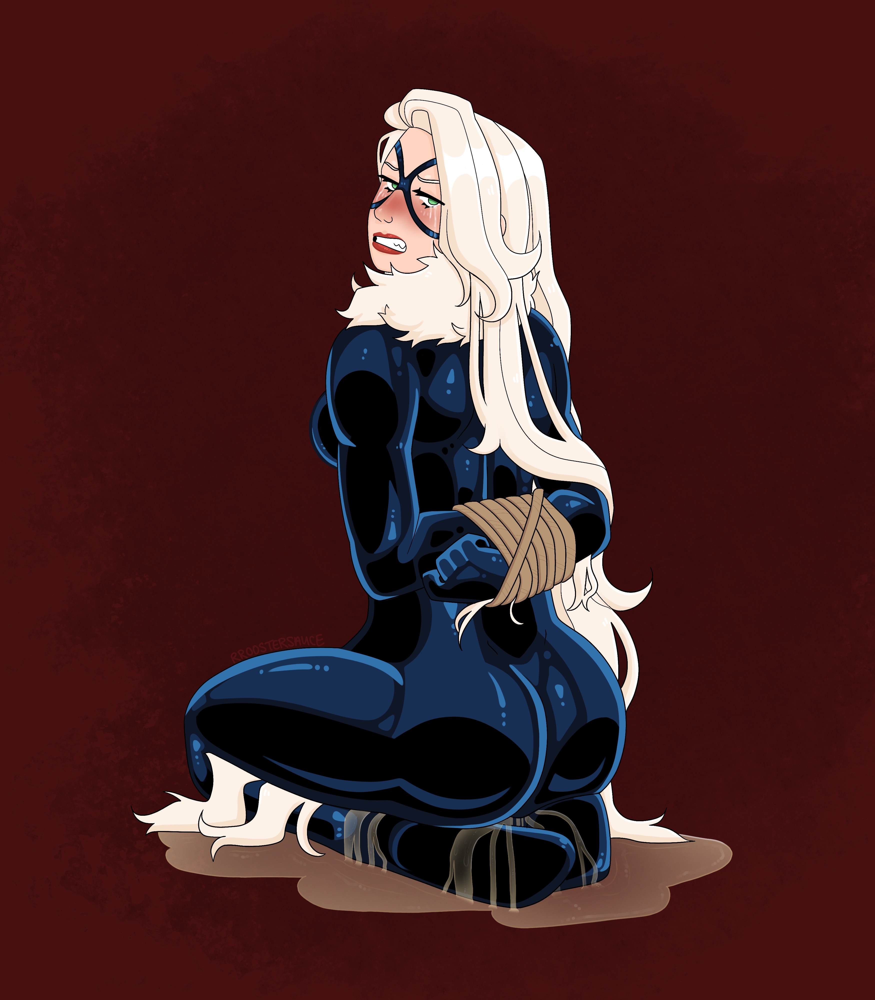 1girls, 2d, 2d (artwork), ass, big ass, big thighs, black cat (marvel), bodysuit, bondage, bound, catsuit, crying, crying with eyes open, embarrassed, felicia hardy, female, fur trim, green eyes, humiliation, latex bodysuit, latex catsuit, looking at viewer, looking back, looking back at viewer, marvel, marvel comics, omorashi, pee puddle, peeing, peeing self, rope bondage, rroostersauce, sitting in pee, skin tight, spider-man (series), tears, tied up, tight clothes, tight clothing, urine, urine on ground, urine on legs, urine puddle, wetting, wetting self, white hair